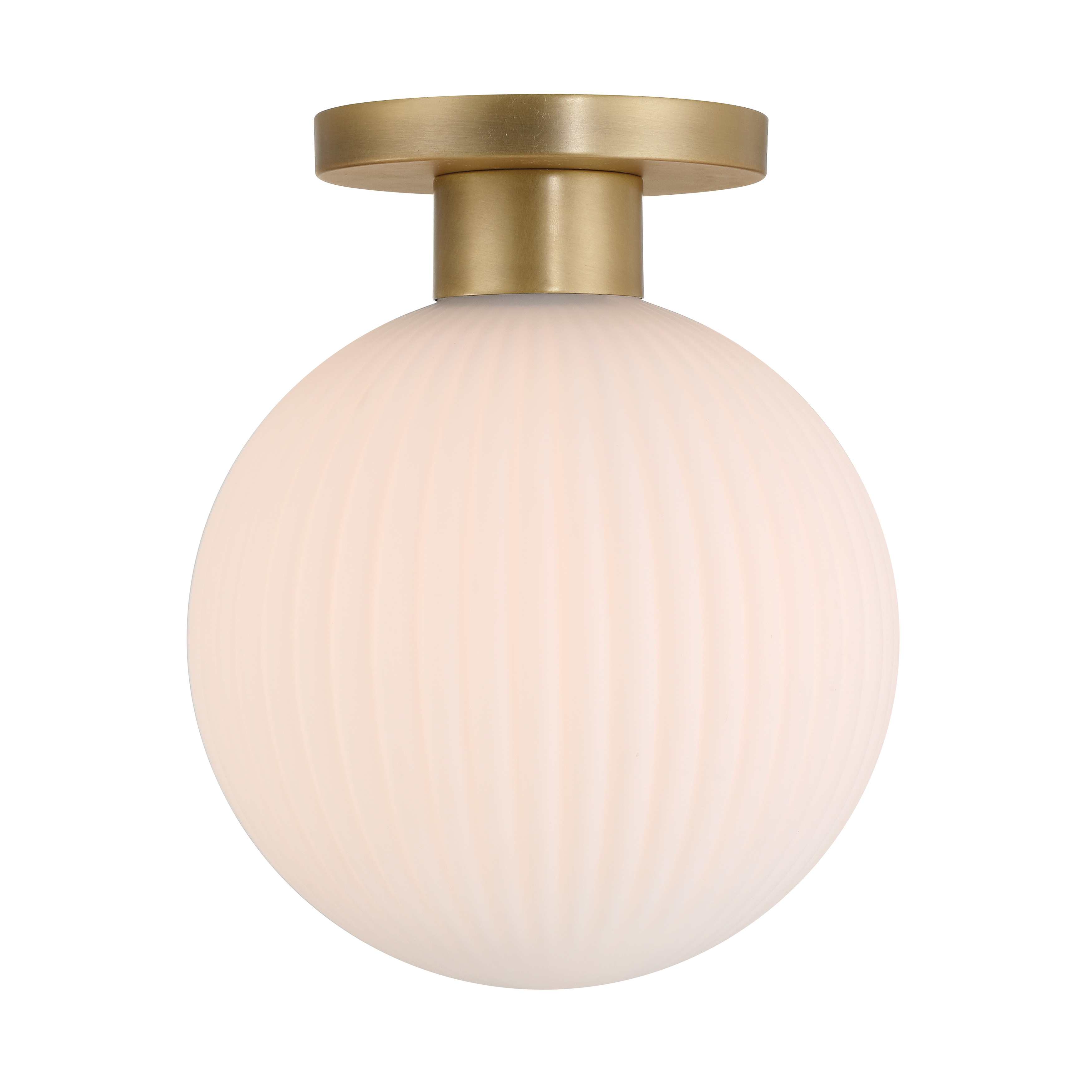 The Fenton 10" flush mount combines modern simplicity with traditional brass warmth. Its compact profile and white striped glass shade make it ideal for smaller spaces requiring functional yet stylish lighting. - alternate view
