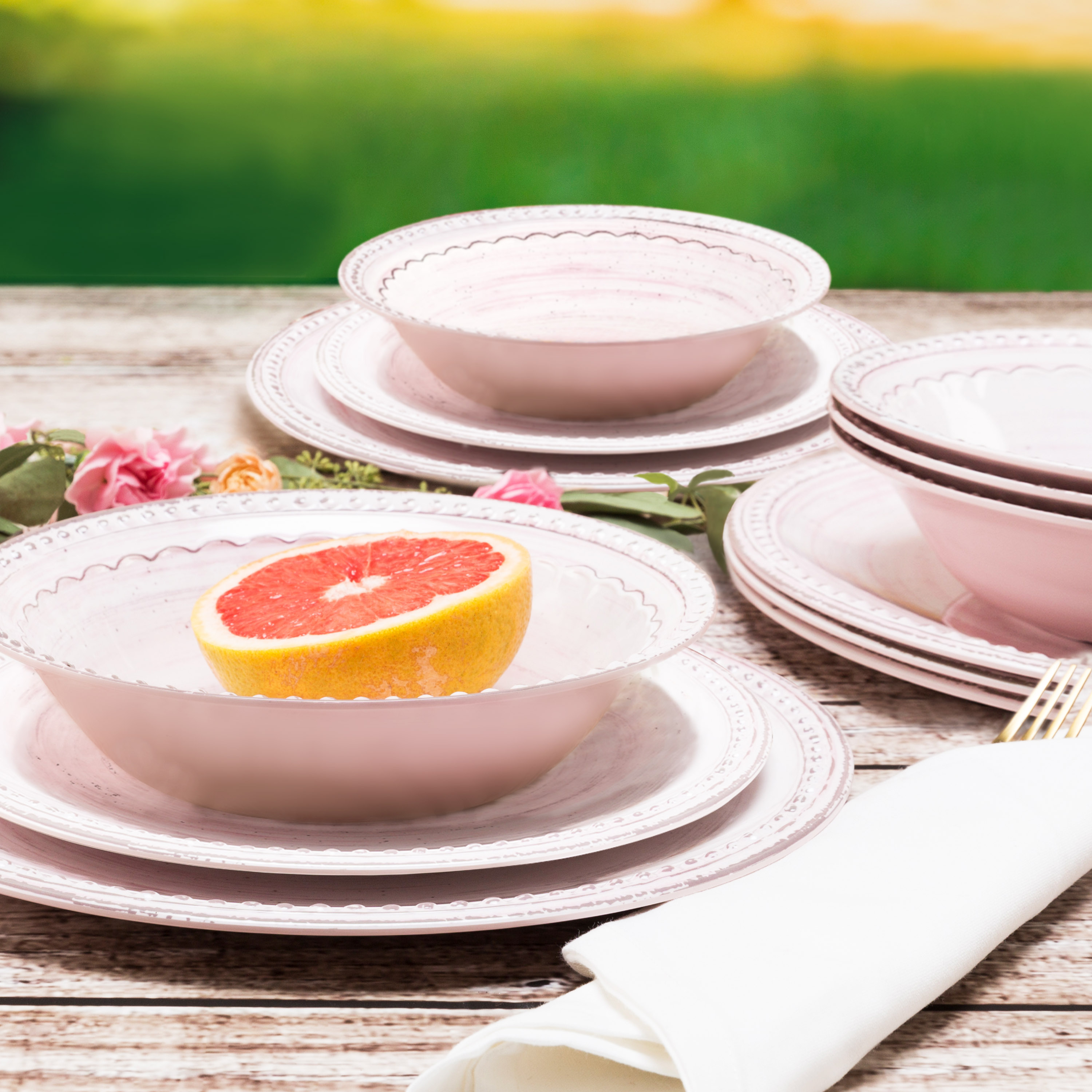 French Country Plate & Bowl Sets, Pink, 12-piece set slideshow image 4 French Country Plate & Bowl Sets, Pink, 12-piece set slideshow image 4