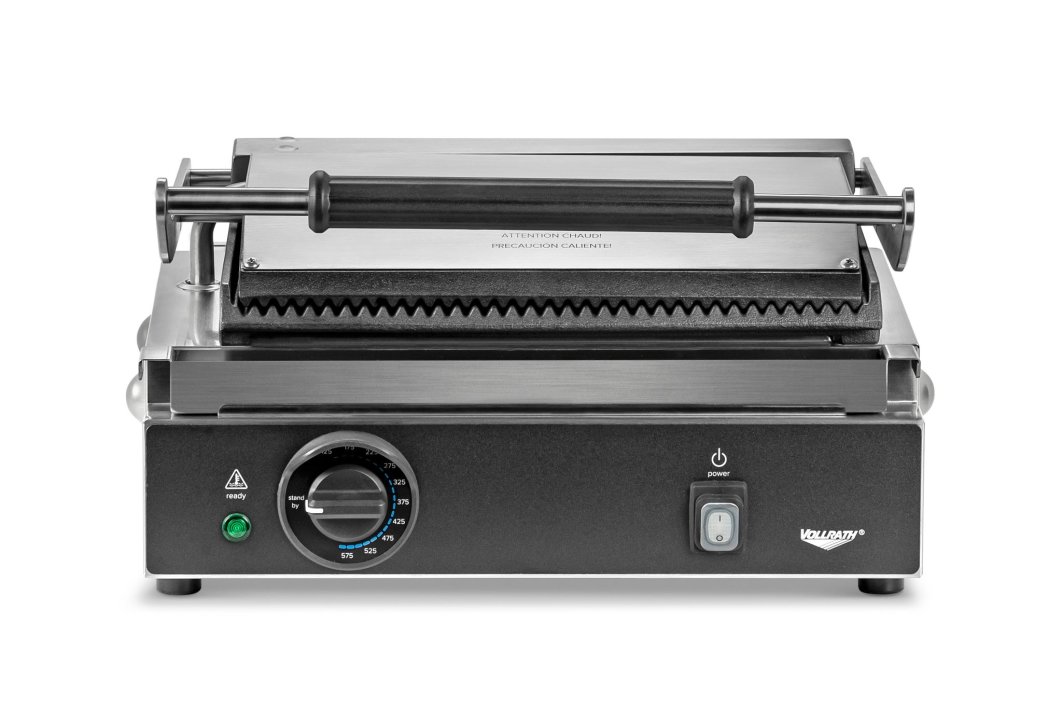 120-volt single panini sandwich grill with cast-iron grooved plates and NEMA 5-15P Plug
