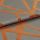Woven gray-blue fabric with wide rust-orange geometric stripes, folded and overlapped; textured, slightly metallic sheen visible under soft studio lighting in a close-up view.