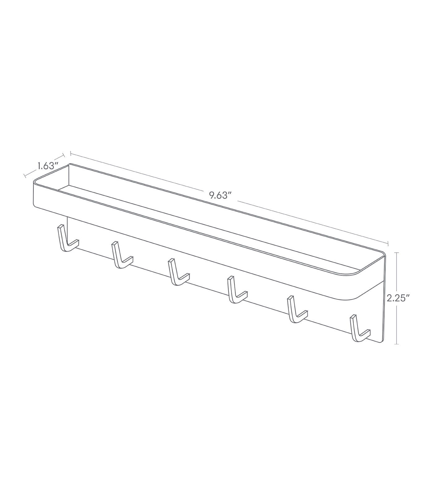 Dimension Image for Magnetic Key Rack on a white background showing height of 2.25 inches, width of 9.63 inches, and length of 1.63 inches.