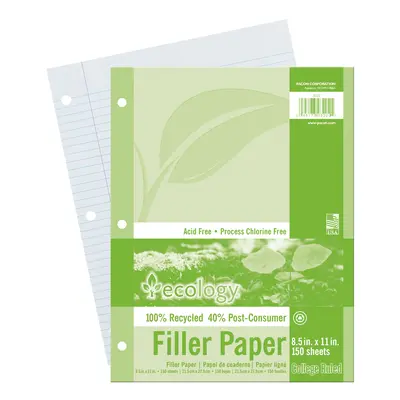 Ecology  Recycled Filler Paper, White, 3-Hole Punched, 9/32 in ruled with margin 8-1/2