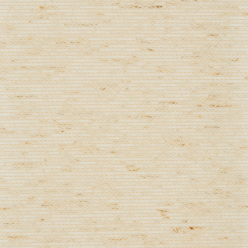Beige woven grasscloth wallpaper, horizontal fine ribbed weave with scattered darker fibers, lying flat and evenly lit in a close-up view, serving as a neutral interior wall covering.
