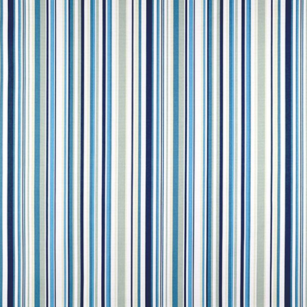 Vertical-striped fabric curtain filling the frame; alternating narrow and wide bands of navy, teal, sky blue and white; hung closed and flat, suggesting a bright interior wall or window covering.