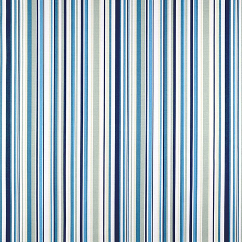 Vertical-striped fabric curtain filling the frame; alternating narrow and wide bands of navy, teal, sky blue and white; hung closed and flat, suggesting a bright interior wall or window covering.