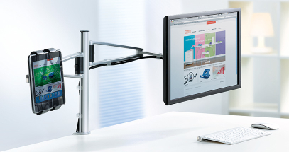 Elevates monitors off the desk surface to maximize space.