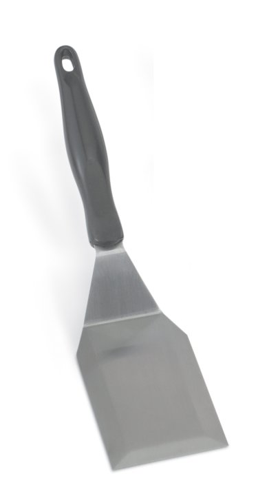 Heavy-duty stainless steel hamburger turner with beveled edges and nylon Ergo Grip™ handle in black