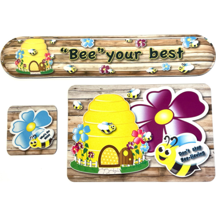 The Original Fun Mat&reg; Computer Desk Mats, Set of 3, (1) Mouse Pad, (1) Keyboard Wrist Pad, (1) Coaster, Bee Your Best, Bee Themed Positive