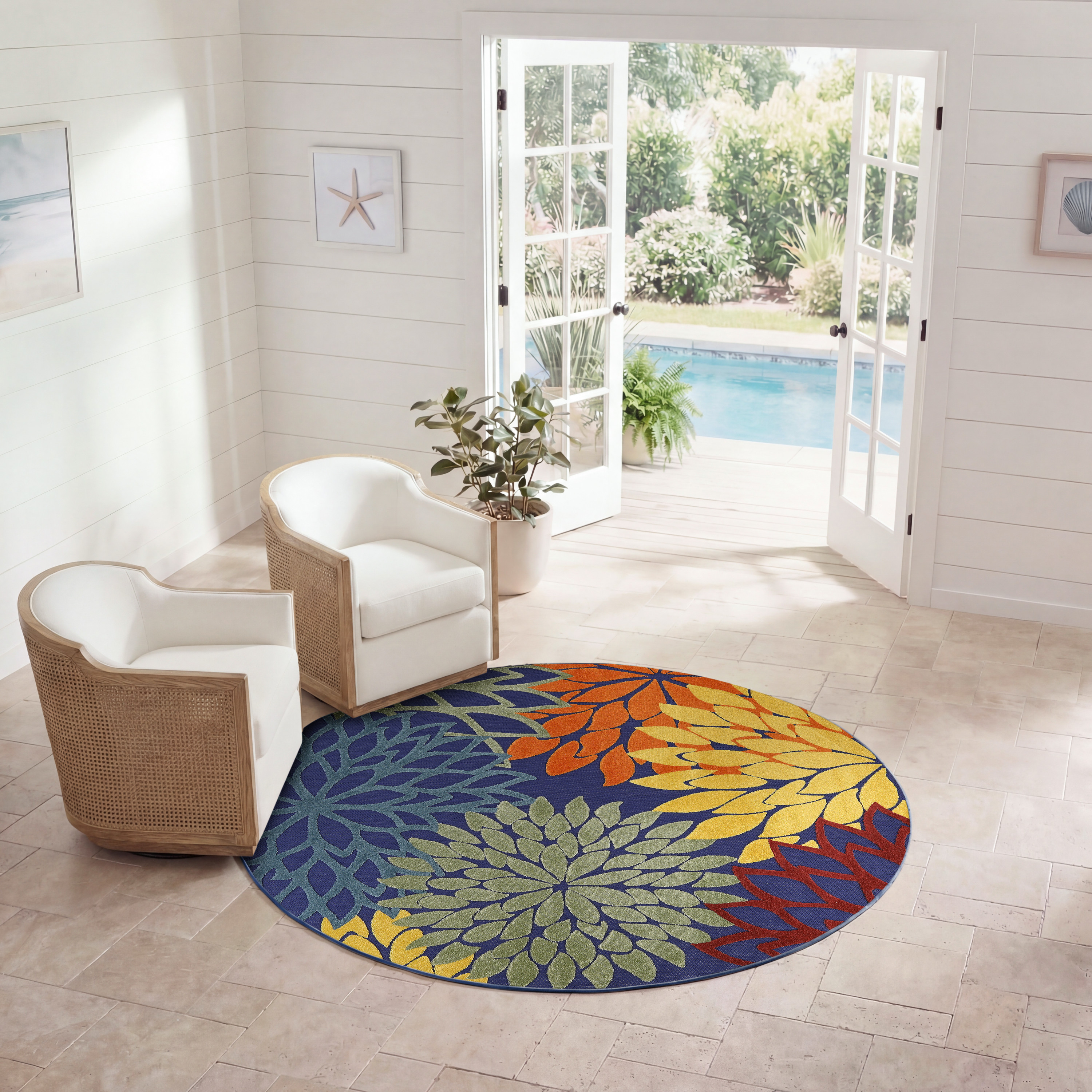 Nourison Aloha 5'3" x Round Navy Multicolor Outdoor Rug