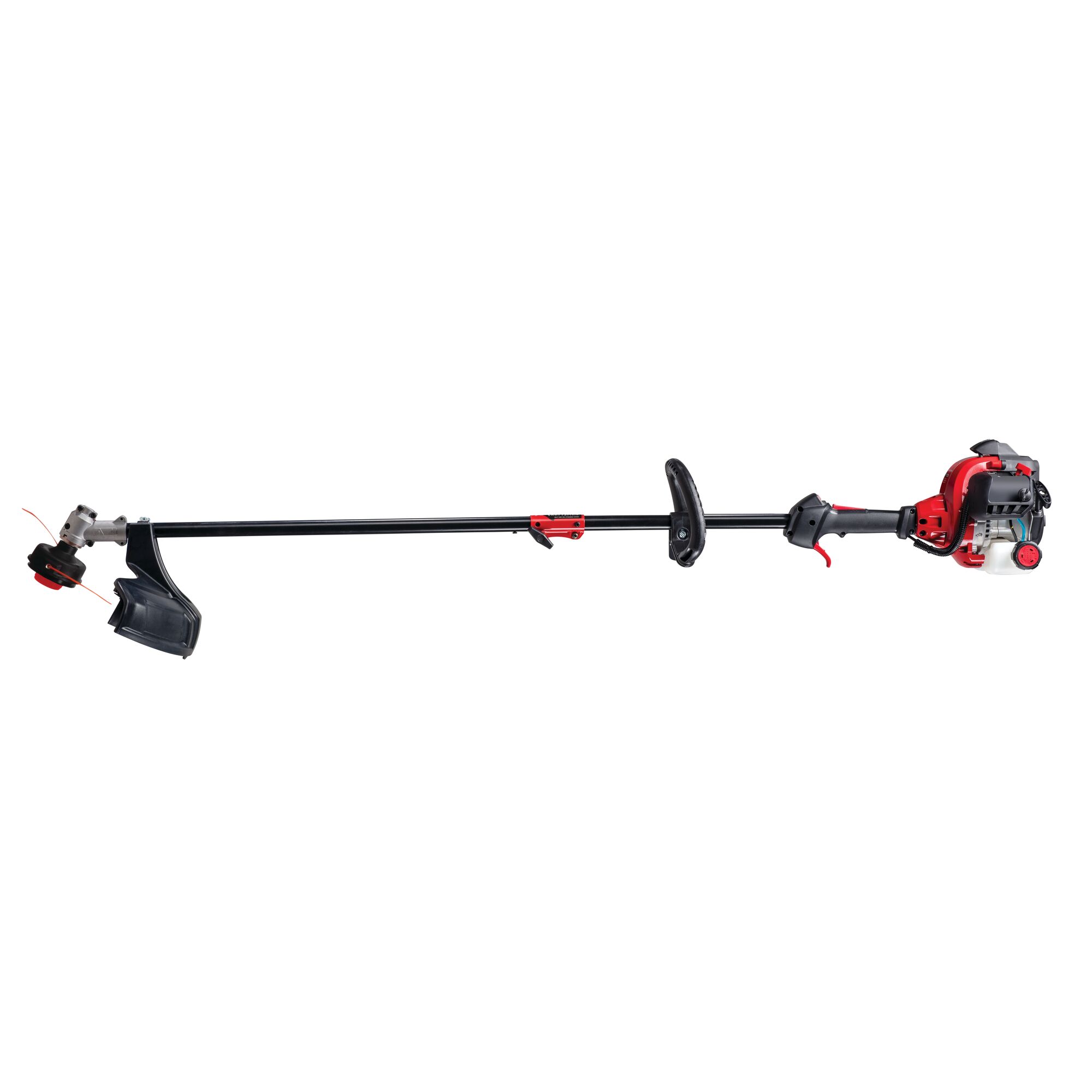 Profile of 17 inch 2 Cycle straight shaft gas weedwacker string trimmer with attachment capability.
