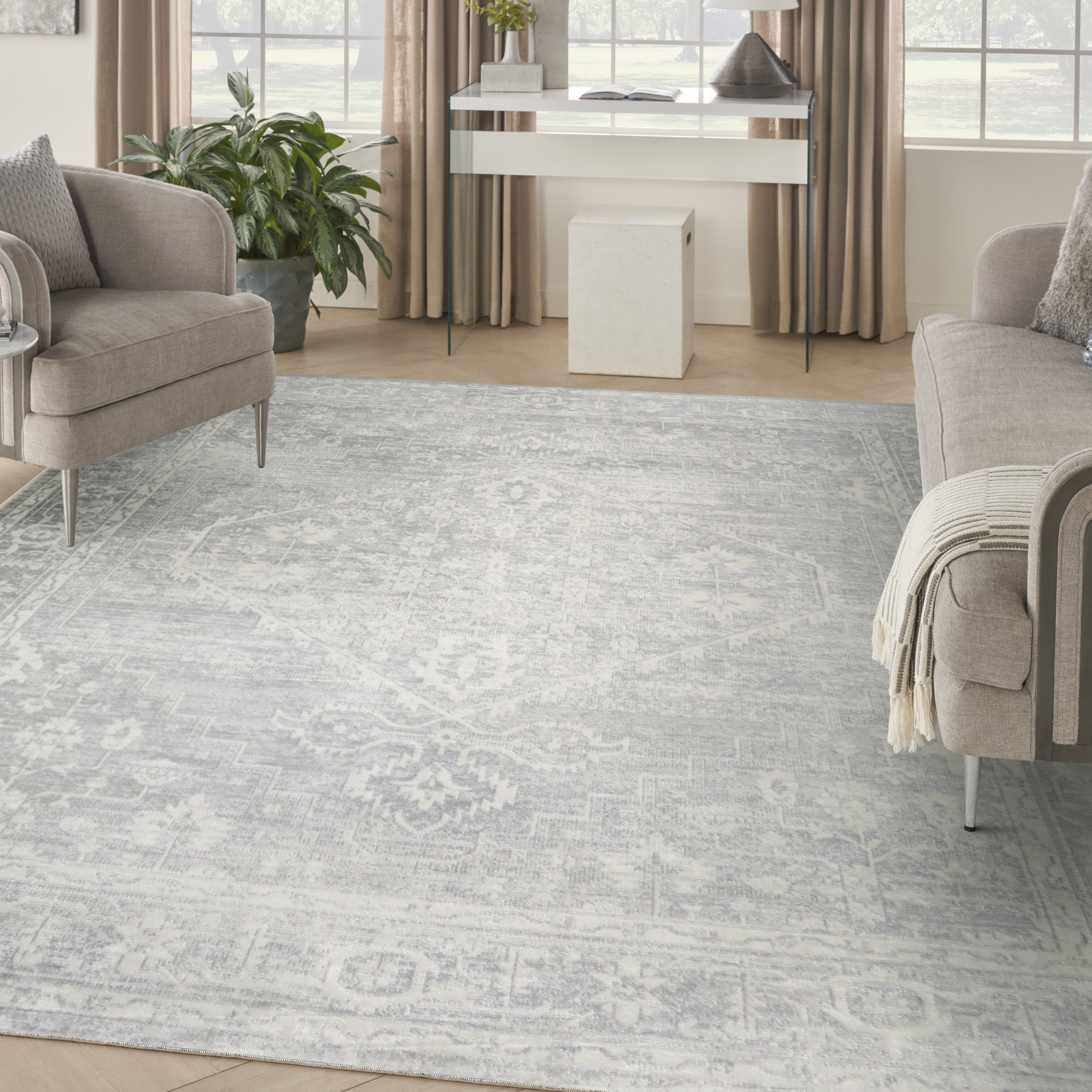 Nourison Astra Machine Washable 10' x 14' Light Grey Vintage Indoor Rug