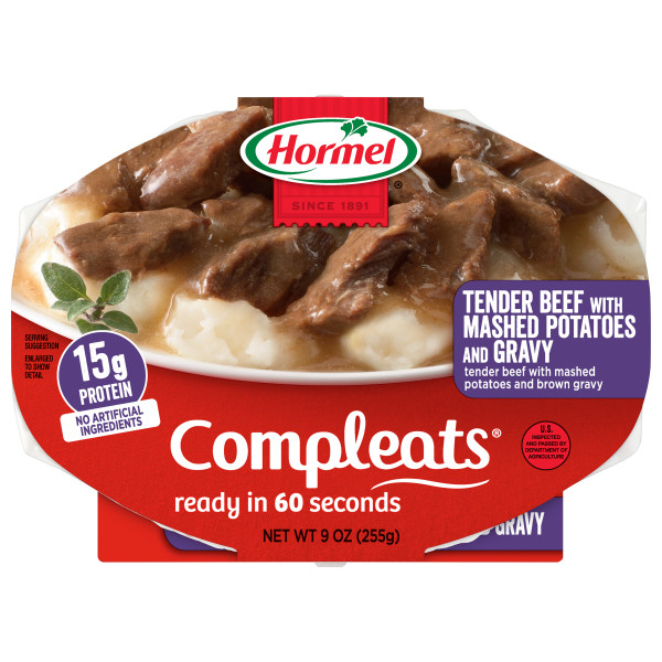 HORMEL(r) COMPLEATS(r) Beef Tips & Mashed Potatoes,  6/9oz. . C1C1 - Front Center In Package (Hi Res)