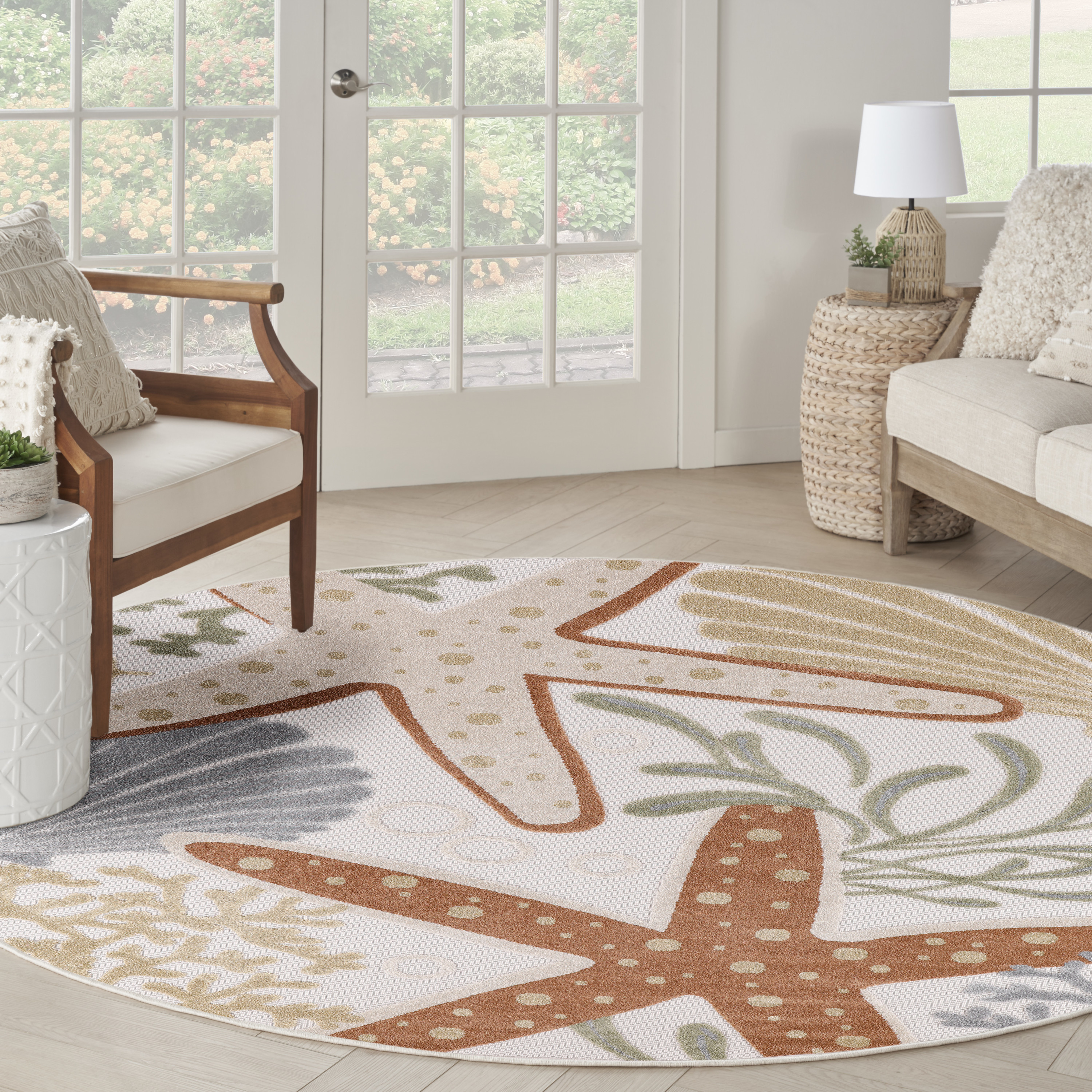 Nourison Aloha 7'10" x Round Ivory Multicolor Outdoor Rug