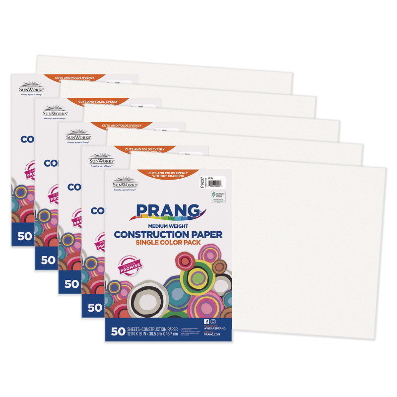 Construction Paper, Medium Weight, White, 12" x 18", 50 Sheets Per Pack, 5 Packs