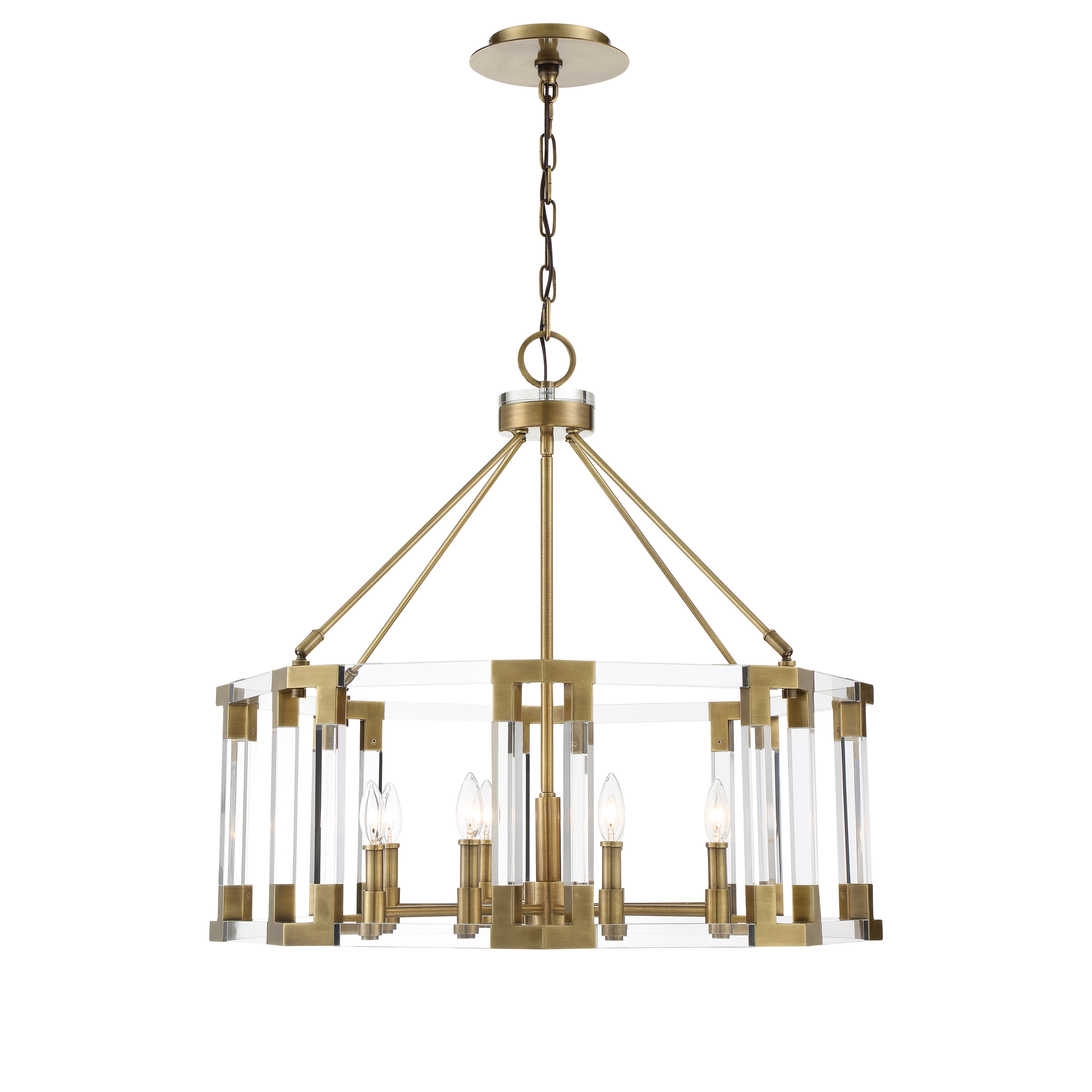 The Prima Vista chandelier combines classic elegance with contemporary sensibility. Its aged antique brass finish and 8-light configuration deliver substantial illumination while the acrylic accents soften the overall aesthetic. - alternate view