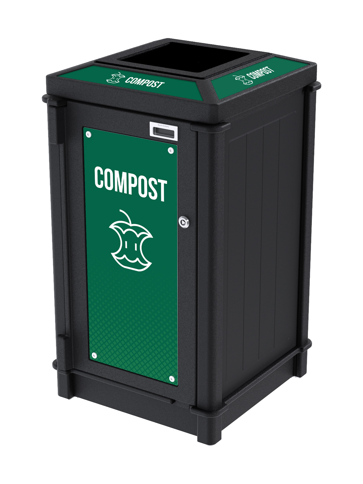 black recycled plastic waste container with top opening lid for collecting compost with high impact signs and labels