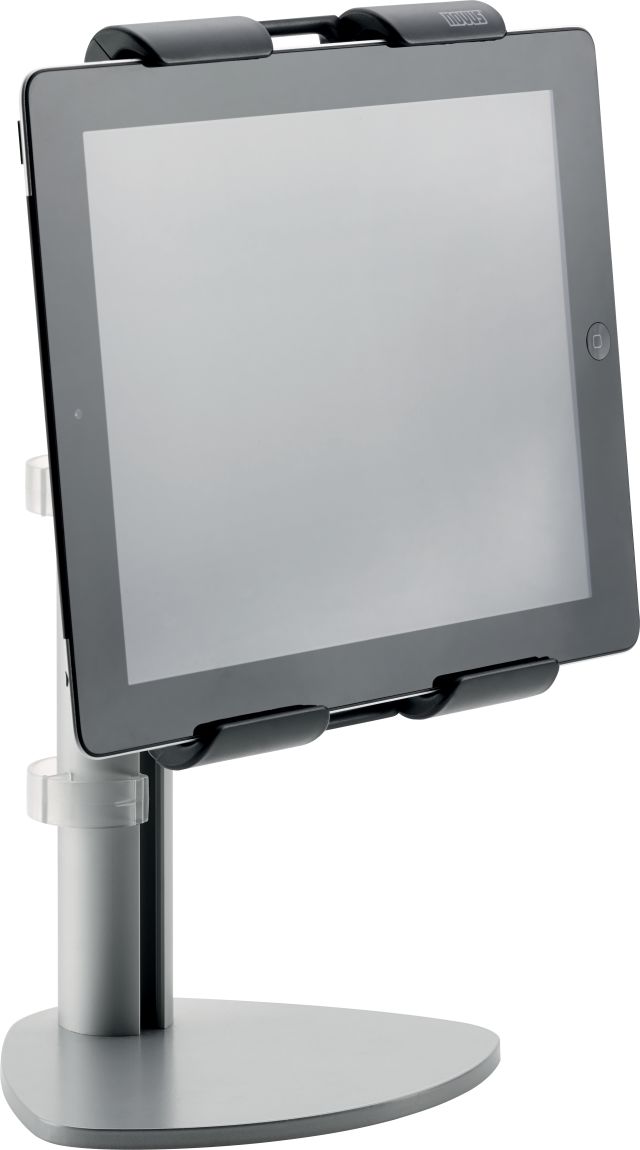 This fully adjustable tablet holder adjusts for height, angle, and viewing mode to eliminate neck and eye strain.