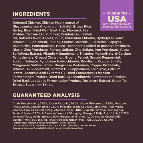 <p>Deboned Chicken, Chicken Meal (source of Glucosamine and Chondroitin Sulfate), Brown Rice, Barley, Rice, Dried Plain Beet Pulp, Flaxseed, Pea Protein, Chicken Fat, Pumpkin, Cranberries, Salmon Oil, Natural Flavor, Apples, Inulin, Potassium Chloride, Hydrolyzed Yeast, Vitamin E Supplement, Taurine, Choline Chloride, L-Carnitine, Papayas, Blueberries, Pomegranates, Mixed Tocopherols added to preserve freshness, Niacin, Zinc Proteinate, Ferrous Sulfate, Zinc Sulfate, Iron Proteinate, Yucca Schidigera Extract, Vitamin A Supplement, Thiamine Mononitrate, d-Calcium Pantothenate, Ground Cinnamon, Ground Fennel, Ground Peppermint, Sodium Selenite, Pyridoxine Hydrochloride, Riboflavin, Copper Sulfate, Manganese Sulfate, Biotin, Manganese Proteinate, Copper Proteinate, Vitamin D3 Supplement, Vitamin B12 Supplement, Folic Acid, Calcium Iodate, Ascorbic Acid (Vitamin C), Dried Enterococcus faecium Fermentation Product, Dried Bacillus licheniformis Fermentation Product, Dried Bacillus subtilis Fermentation Product, Rosemary Extract, Green Tea Extract, Spearmint Extract.<br />
This is a naturally preserved product									</p>
