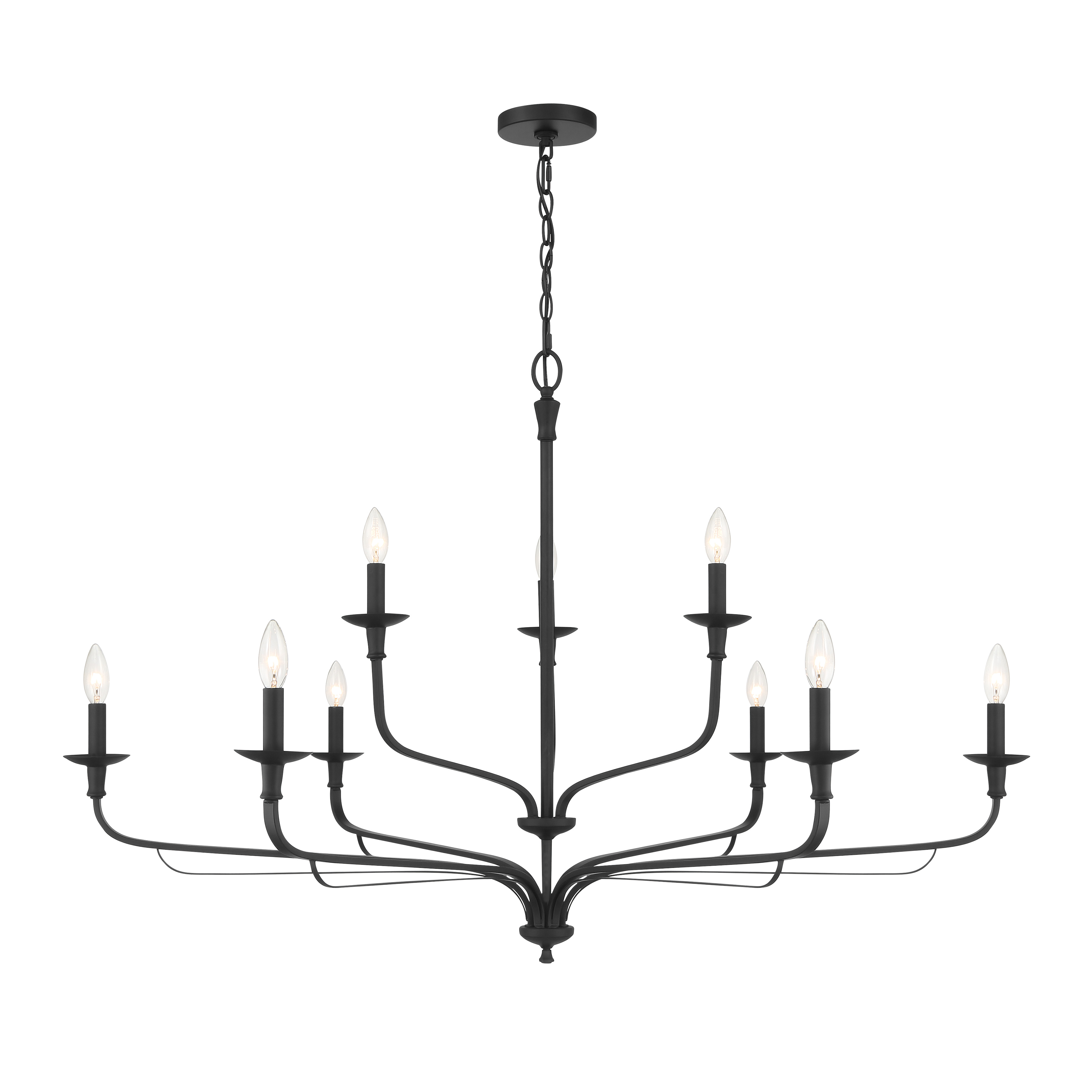 The Velena's impressive 47-inch span and 9-light configuration create dramatic illumination for spacious dining rooms and kitchen islands. Its traditional candelabra styling in matte black finish bridges classic and contemporary aesthetics. - alternate view