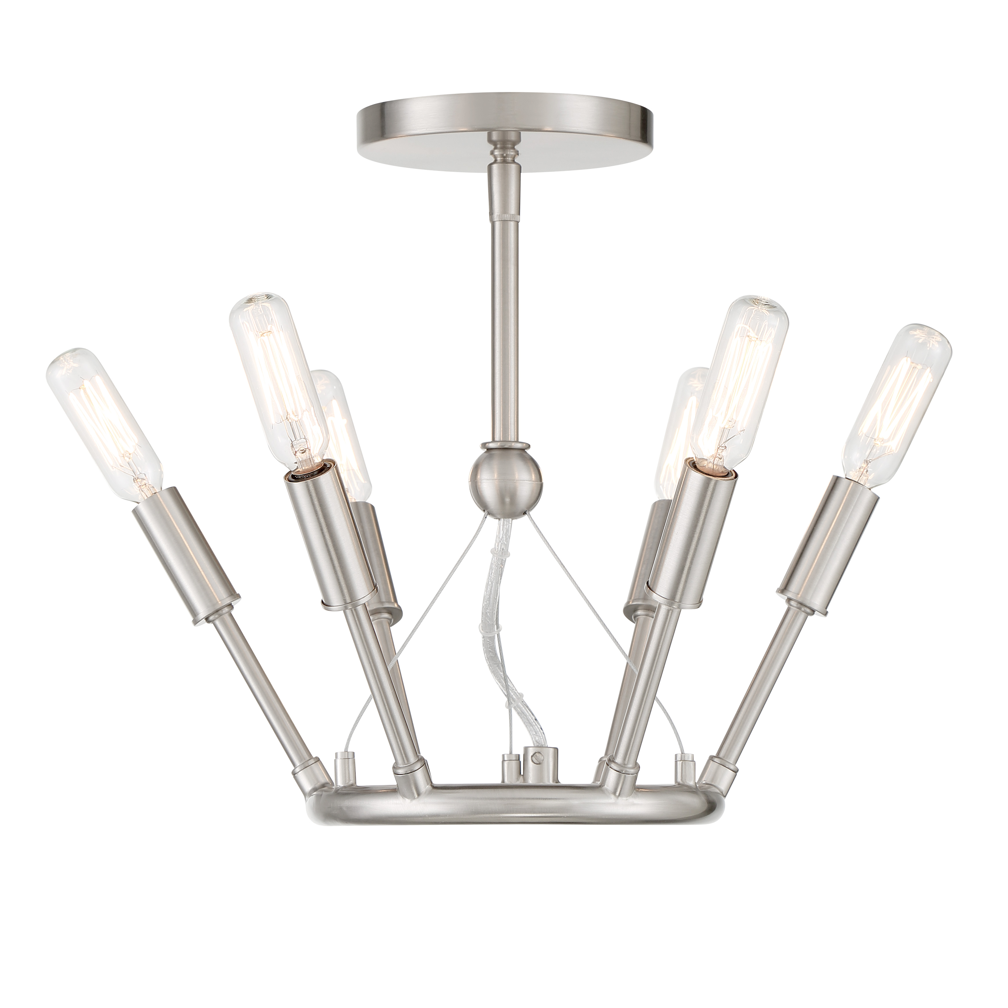 The Royalty 6-Light Semi-Flush combines traditional elegance with contemporary versatility. Its compact 12.75-inch profile and brushed nickel finish make it ideal for smaller spaces needing refined illumination. - alternate view
