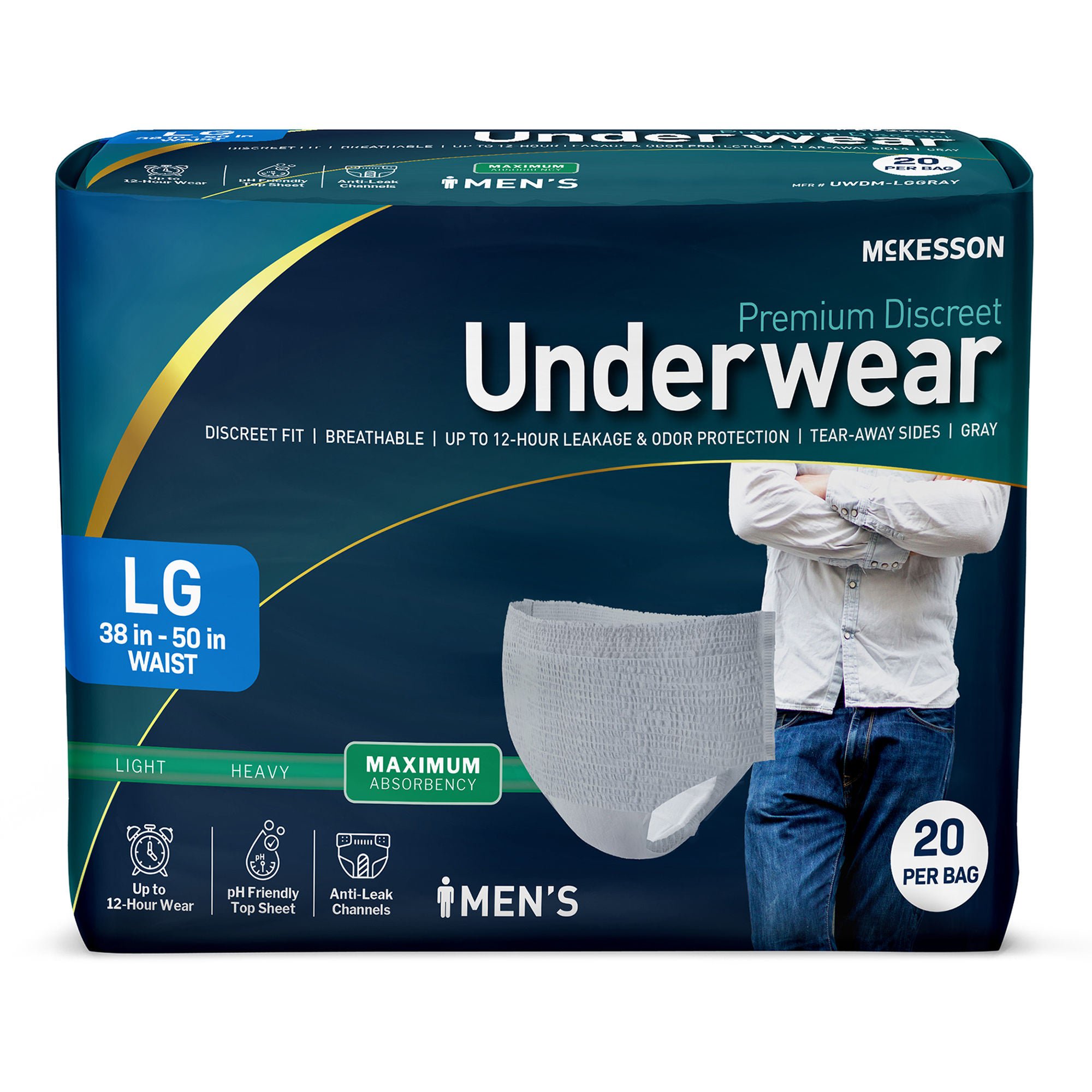 McKesson Premium Discreet Underwear for Men, Maximum Absorbency, Large