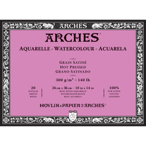 Aquarelle Watercolor Paper Block, Hot Press, Natural White, 140lb/300gsm, 20 Sheet, 10x14 inch, 1 Count