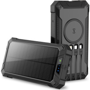 20000mAh Solar Power Bank with Wireless Charging and Built-in Cables, Black