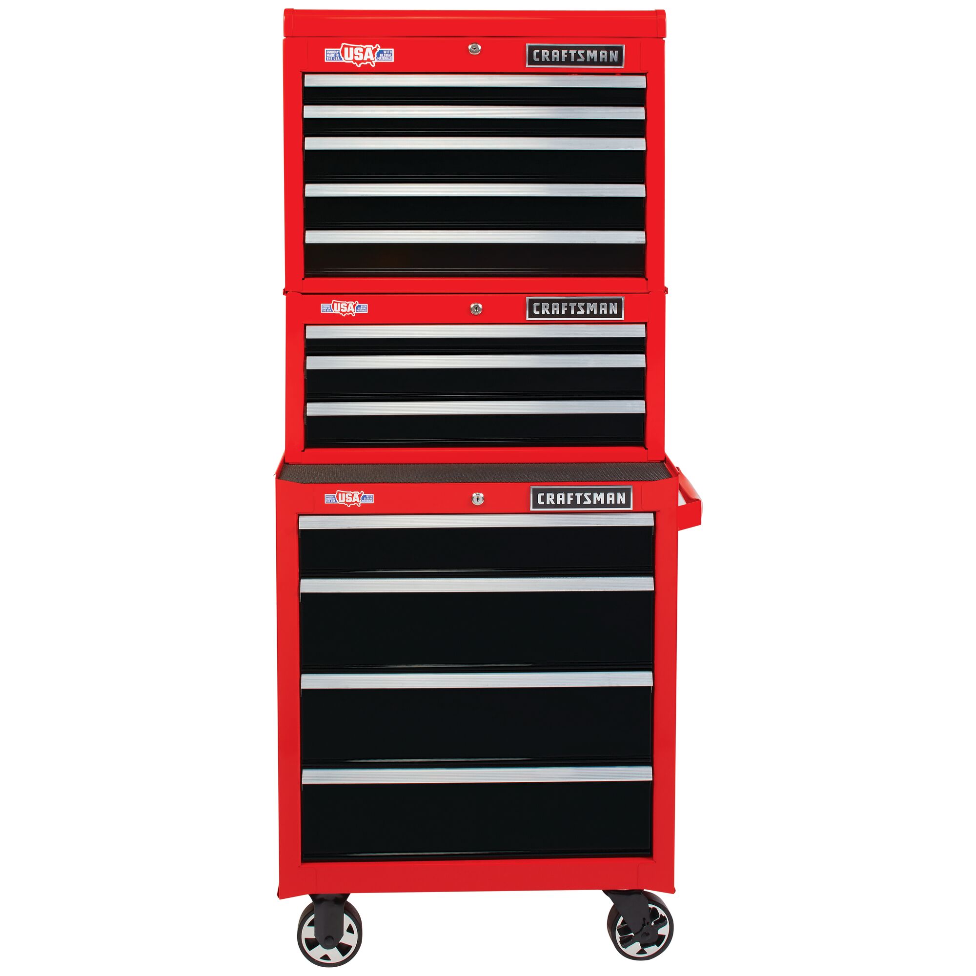 2000 Series 26 inch 5 Drawer Tool Chest along with compatible 3 drawer tool chest and mobile tool cabinet stacked on top of each other.