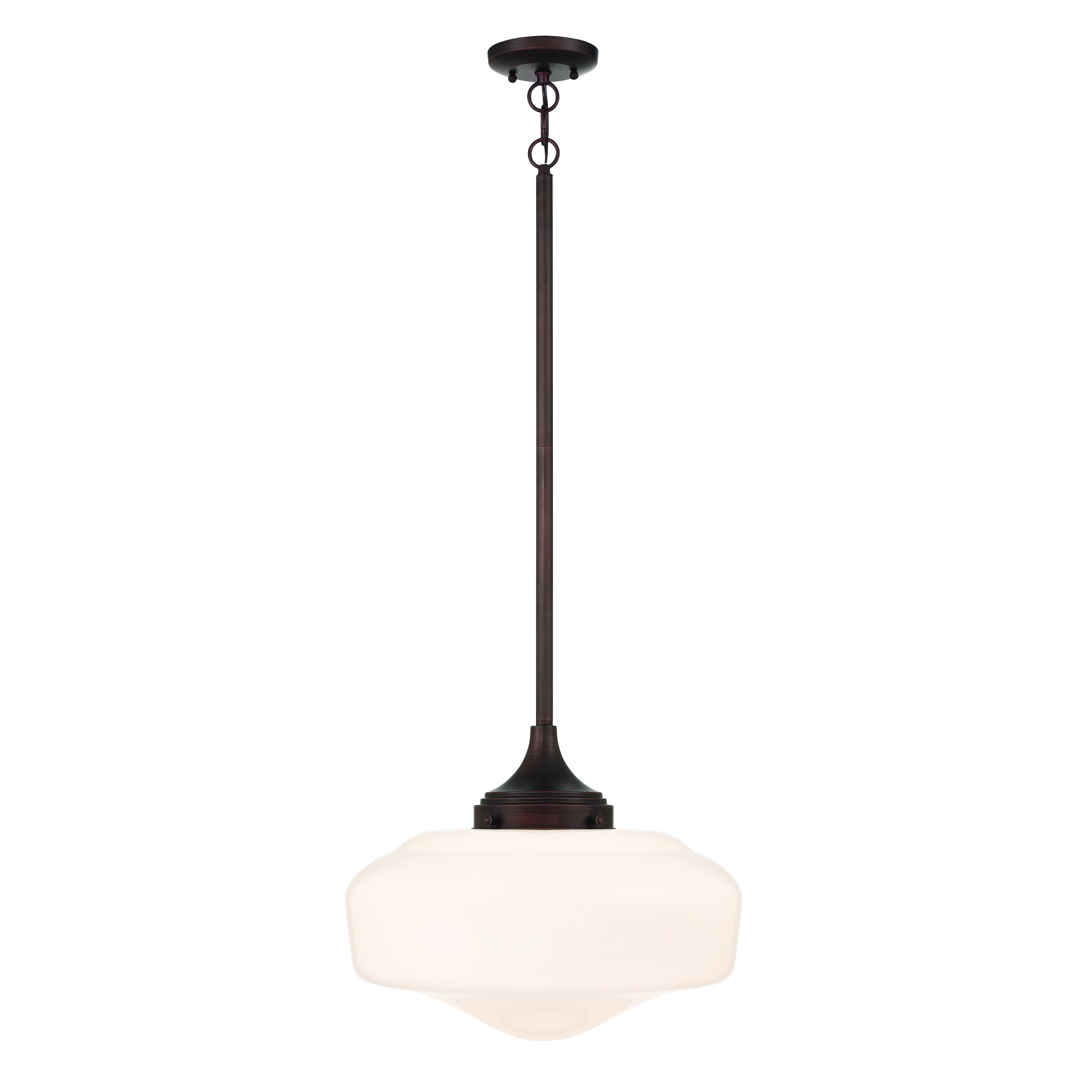This timeless pendant combines traditional schoolhouse styling with a brushed bronze finish and opal glass shade. Perfect for adding vintage charm to kitchens, hallways, or breakfast nooks with its compact 17-inch size. - alternate view