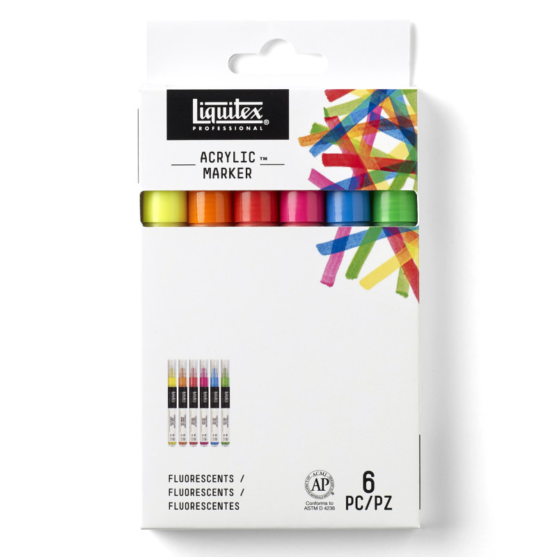 Professional Acrylic Paint Marker, Fine Nib, 2 mm, Fluorescent Colors, Set of 6