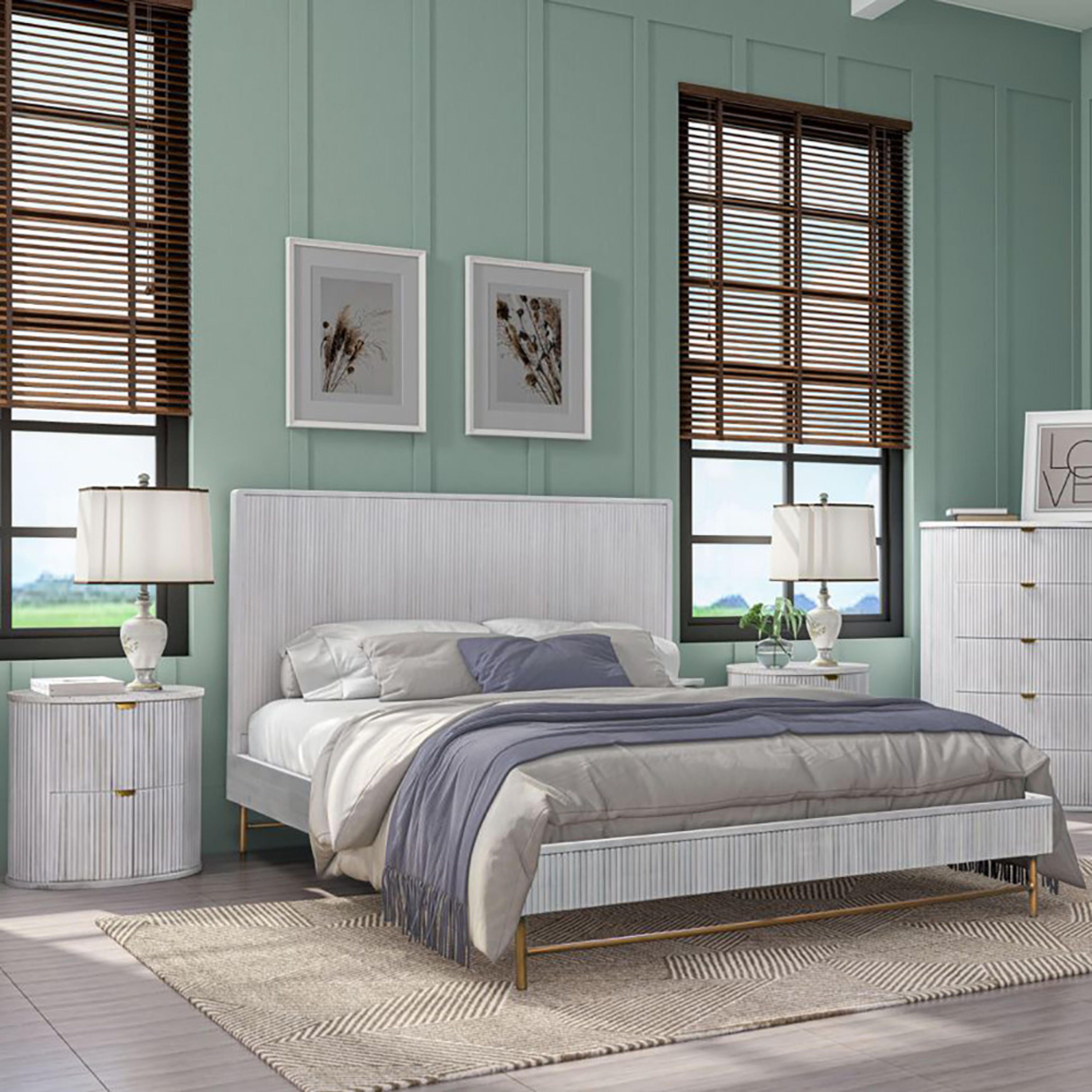 Lifestyle image of the  Razzo Bedside Table (2 Drawer), Whitewash from Forty Winks