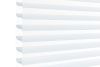 Layered horizontal zebra blindsâ€”alternating opaque white and sheer pale-blue bands with scalloped left edgeâ€”filtering soft daylight across a window, bright minimal interior with high-key lighting.