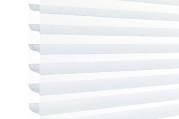 Layered horizontal zebra blinds—alternating opaque white and sheer pale-blue bands with scalloped left edge—filtering soft daylight across a window, bright minimal interior with high-key lighting.