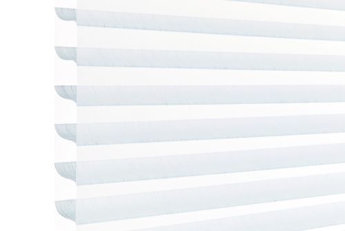 Layered horizontal zebra blindsâ€”alternating opaque white and sheer pale-blue bands with scalloped left edgeâ€”filtering soft daylight across a window, bright minimal interior with high-key lighting.