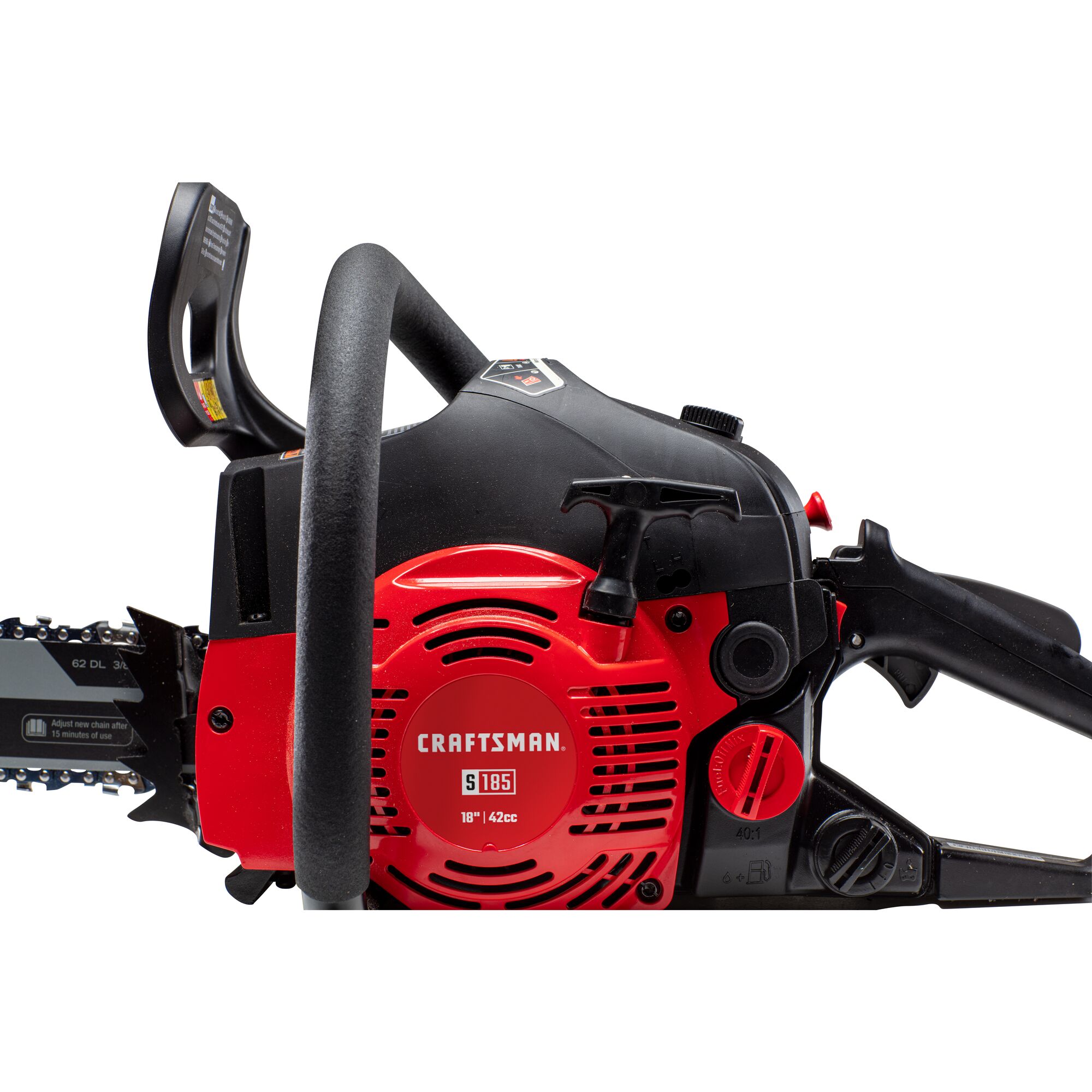 Close up of CRAFTSMAN S185 Gas Chainsaw on white background