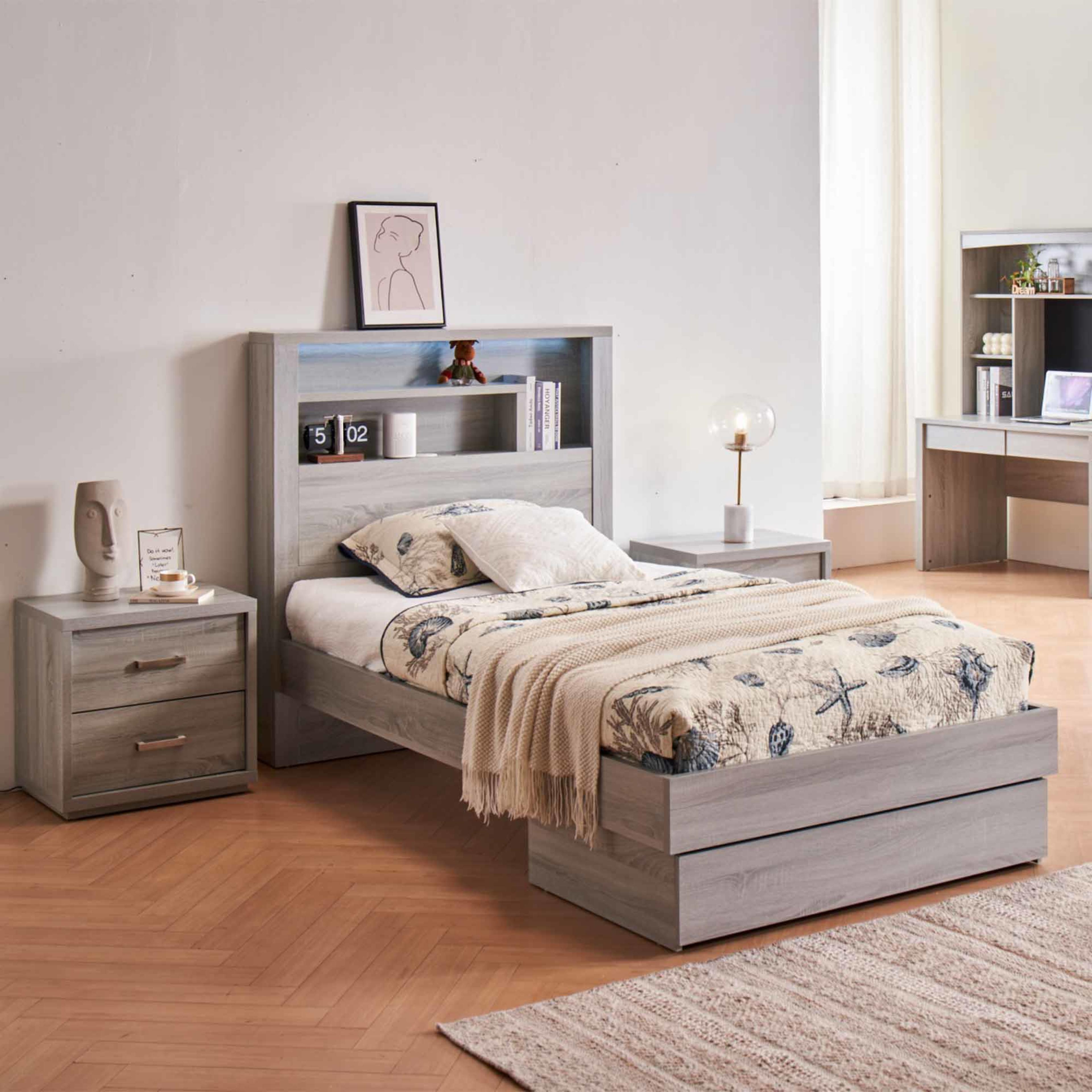 Lifestyle image of the Bellevue Bed Frame, Drawer Base, Cement Grey from Forty Winks