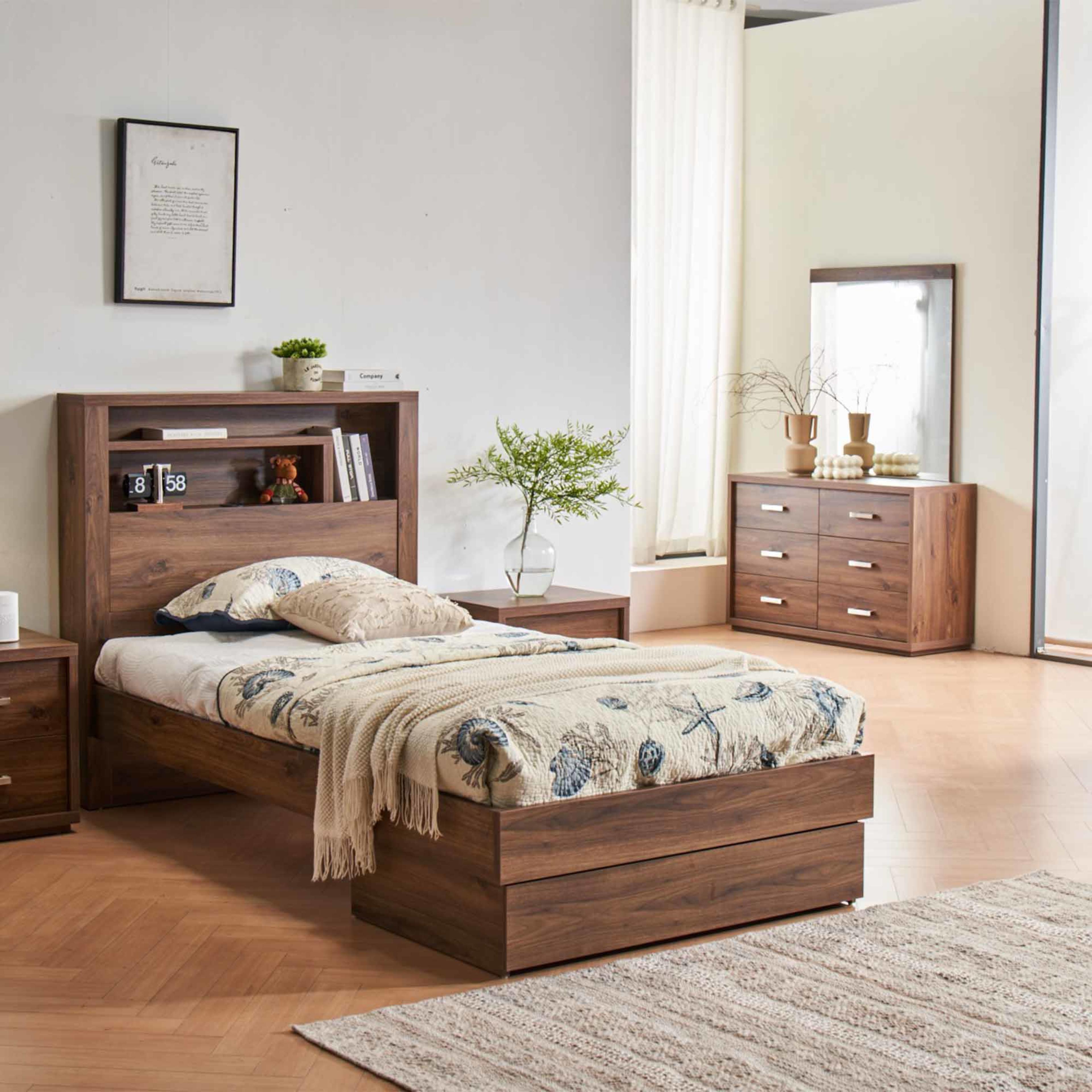 Lifestyle image of the Bellevue Bed Frame, Drawer Base, Rustic Walnut from Forty Winks
