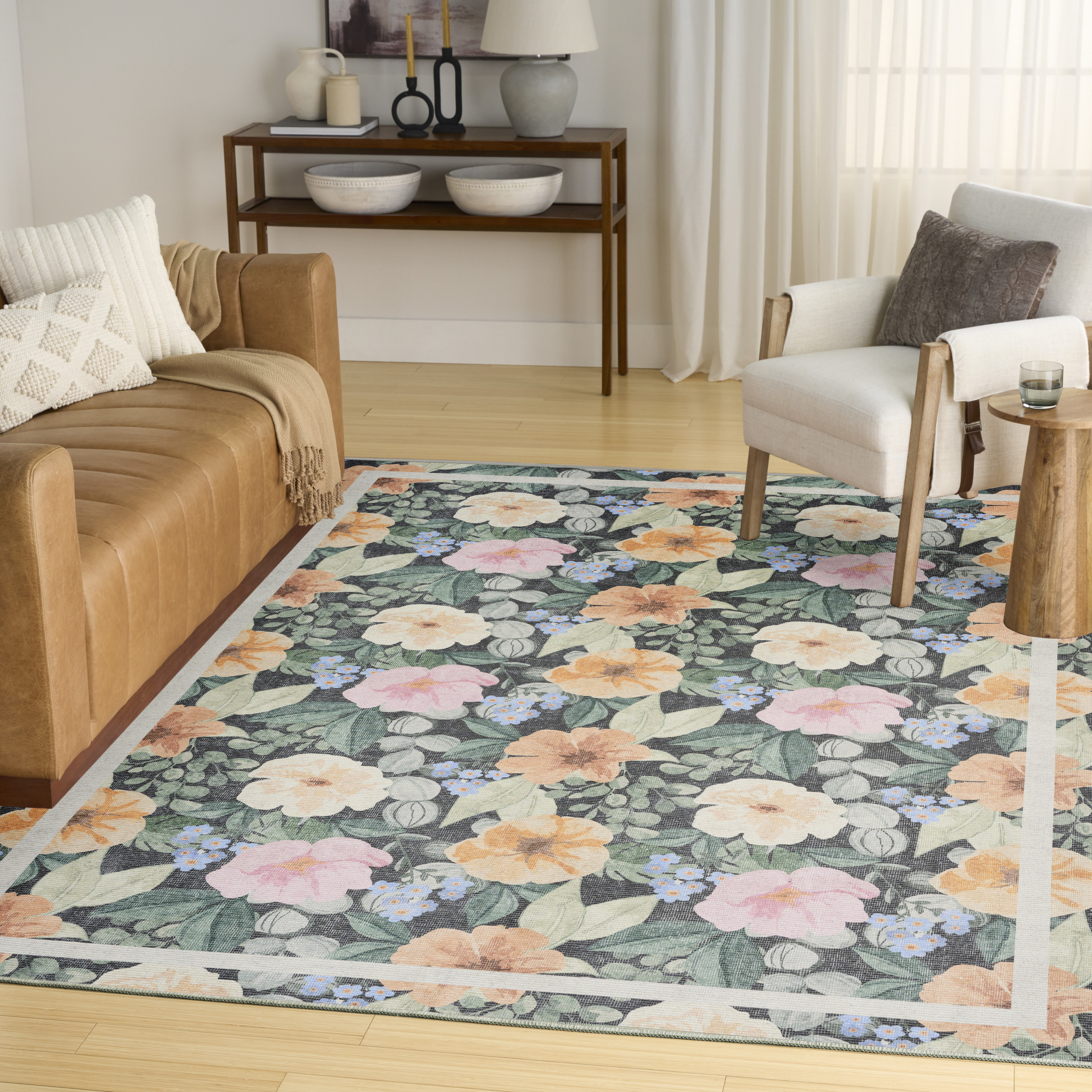 Nourison Botanical Washables 5' x 7' Charcoal Multicolor Farmhouse Indoor Rug