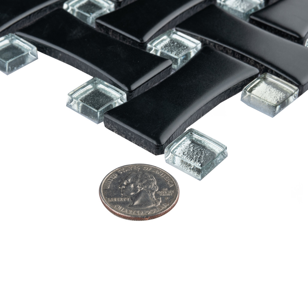 Metro Dog Bone Basketweave Matte Black w/Glass Silver Dot 10 in. x 10 in. Porcelain Mosaic Tile