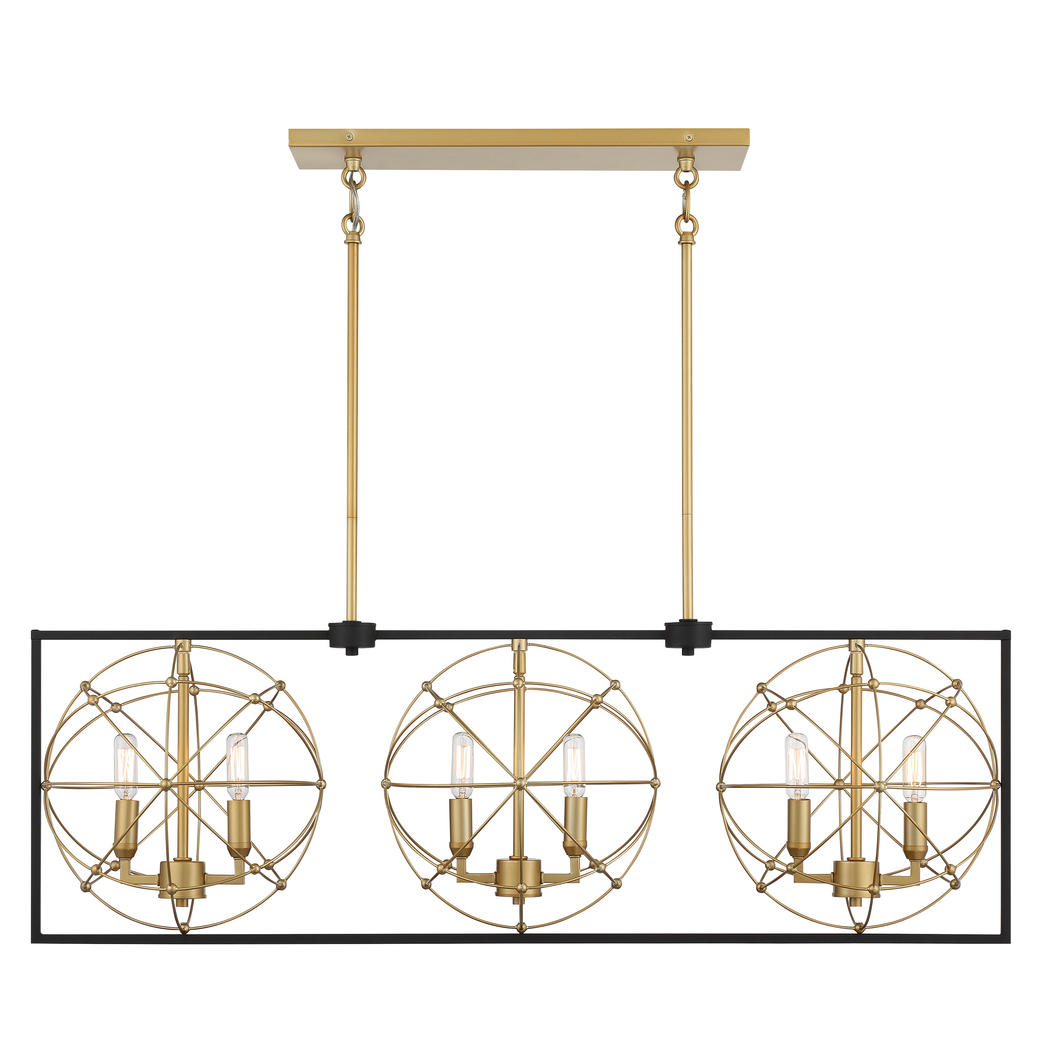 The Titan's Trace brings industrial sophistication to modern spaces with its distinctive sand coal and honey gold finish. Six candelabra lights provide ample illumination across a 42-inch span, perfect for kitchen islands and dining areas. - alternate view