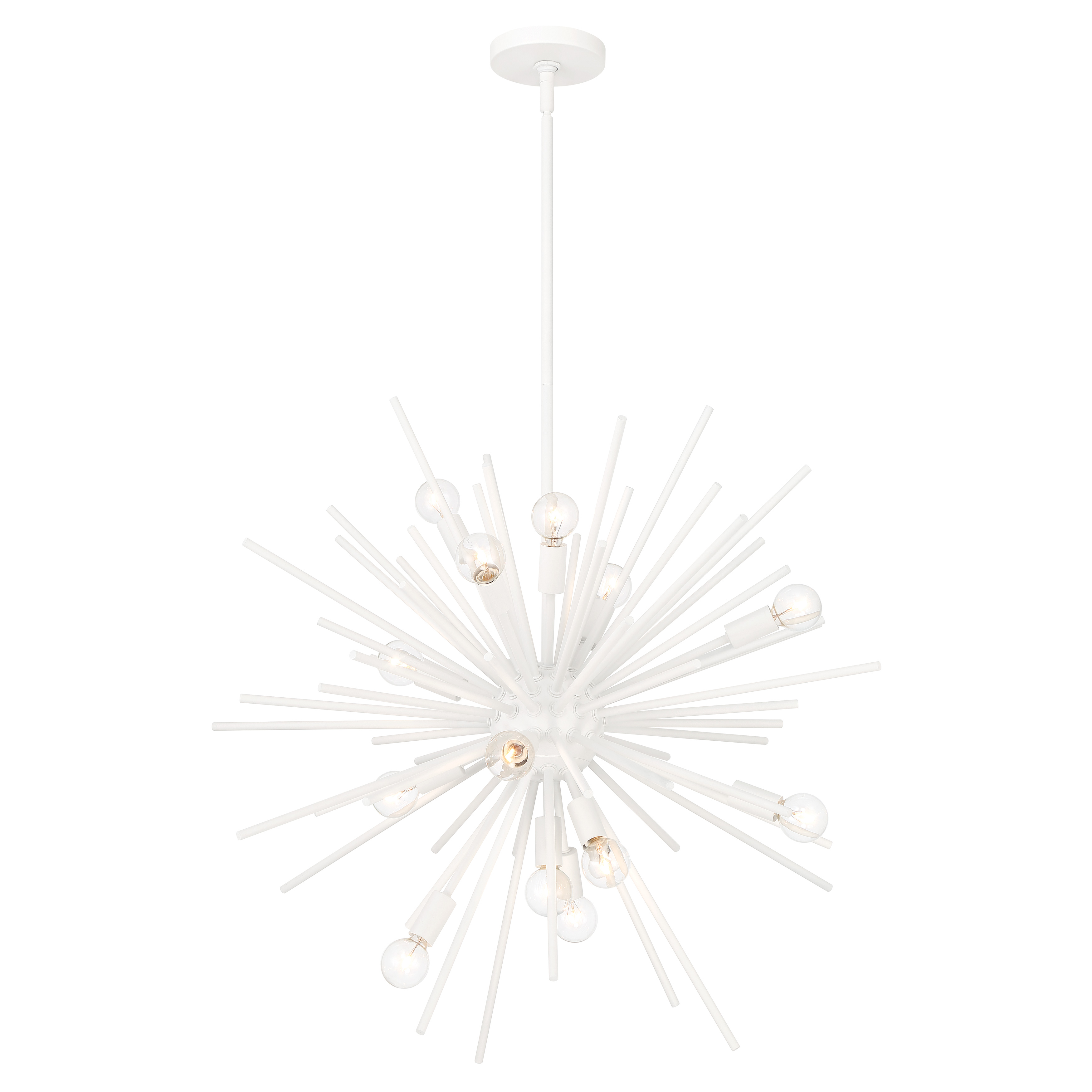 The Bessel pendant makes a bold architectural statement with 15 candelabra lights arranged in a contemporary configuration. Its 30-inch width and Sand White finish create a sophisticated focal point perfect for modern dining spaces. - alternate view