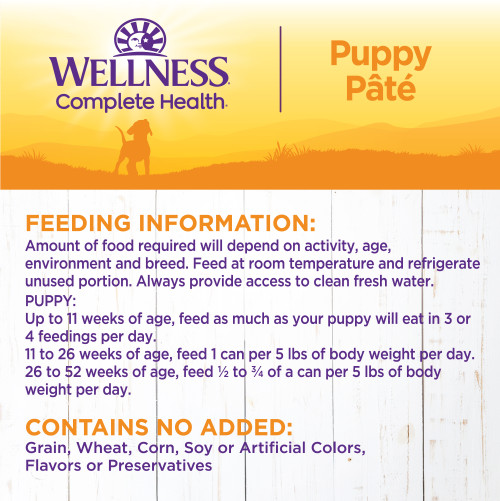 <p>Amount of food required will depend on activity, age, environment and breed. Feed at room temperature and refrigerate unused portion. Always provide access to clean, fresh water.  </p>
<p>Puppy:<br />
Up to 11 weeks of age, feed as much as your puppy will eat in 3 or 4 feedings per day.<br />
11 to 26 weeks of age, feed ¾ can per 5 lbs of body weight per day.<br />
26 to 52 weeks of age, feed ½ can per 5 lbs of body weight per day.</p>
<p>Combination Feeding: If feeding with Wellness dry food, reduce dry amount fed by 1/2 cup for every 6 oz of wet food.</p>
