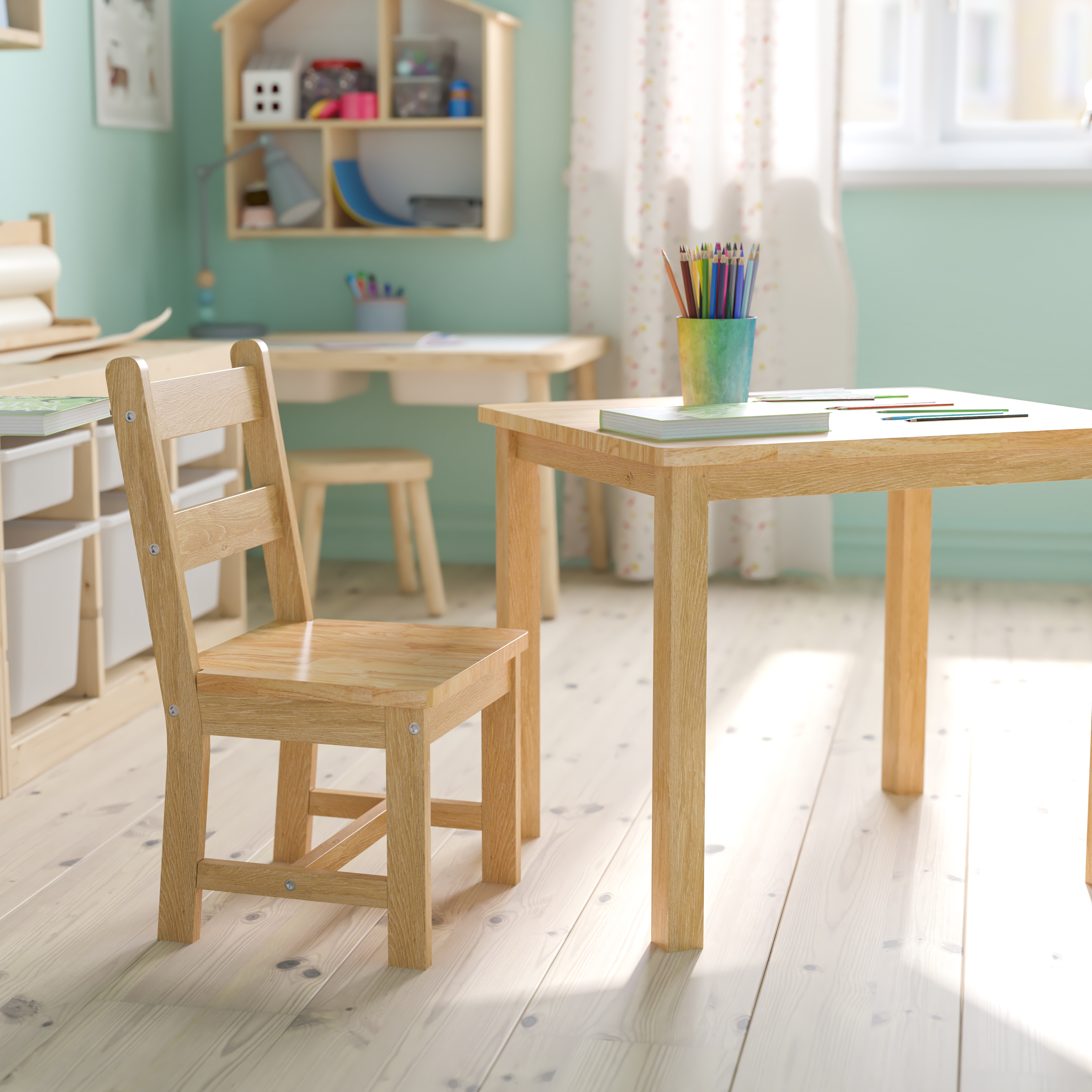 Juego de mesa y silla de madera maciza para niños de 3 piezas para sala de juegos, cocina - blanco - Imagen 4 de 37