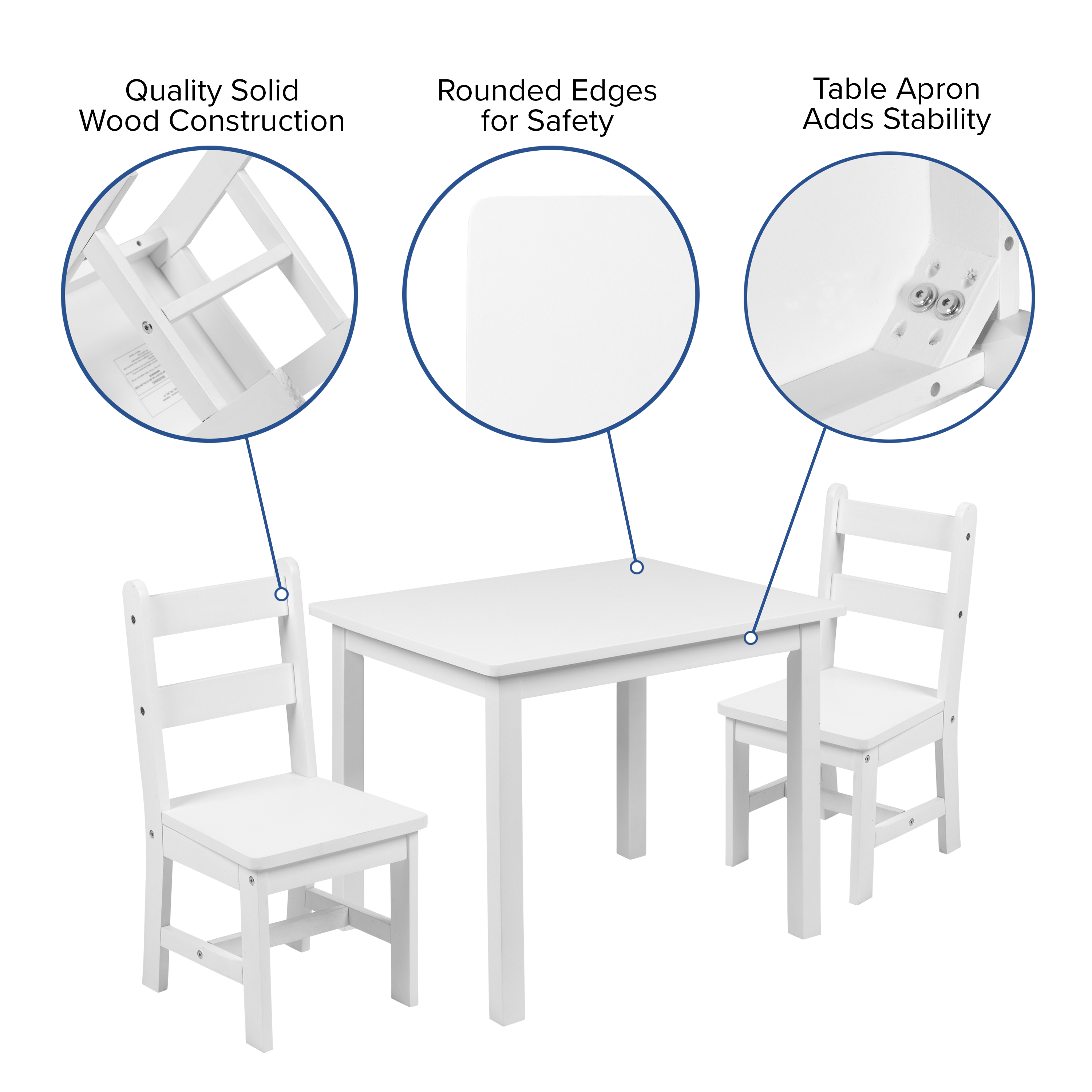 Juego de mesa y silla de madera maciza para niños de 3 piezas para sala de juegos, cocina - blanco - Imagen 29 de 37