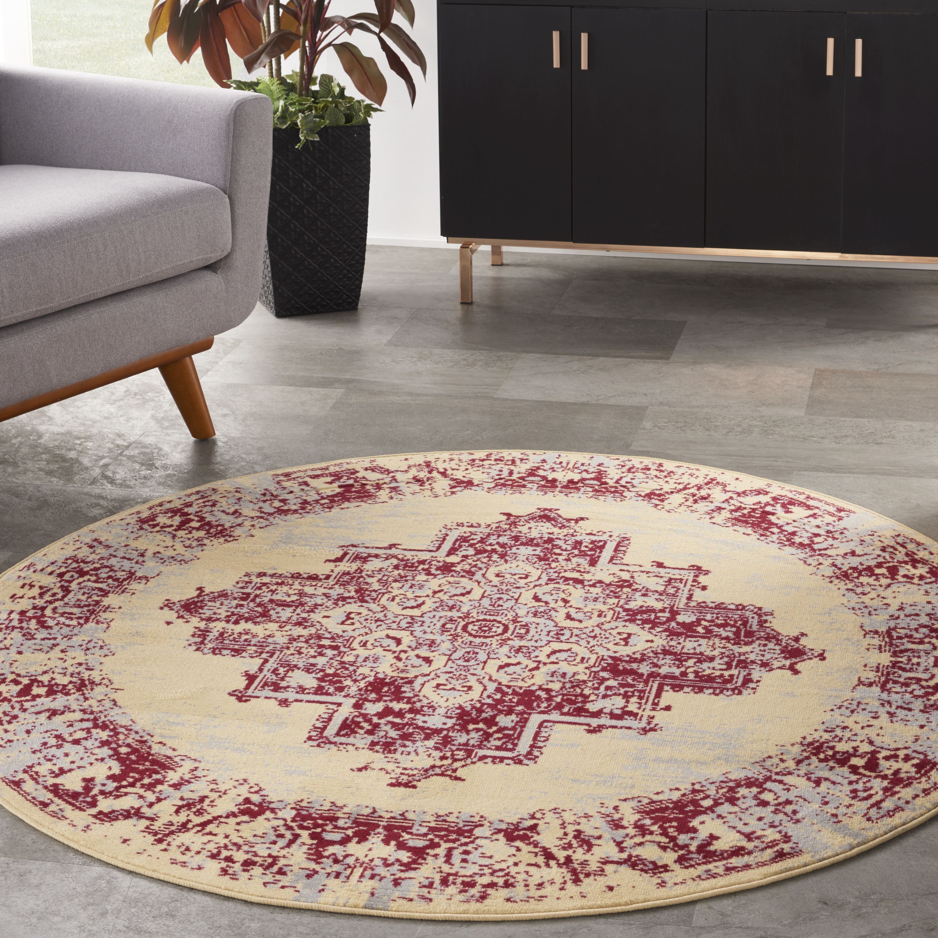 Nourison Grafix 5'3" x Round Cream Red Vintage Indoor Rug