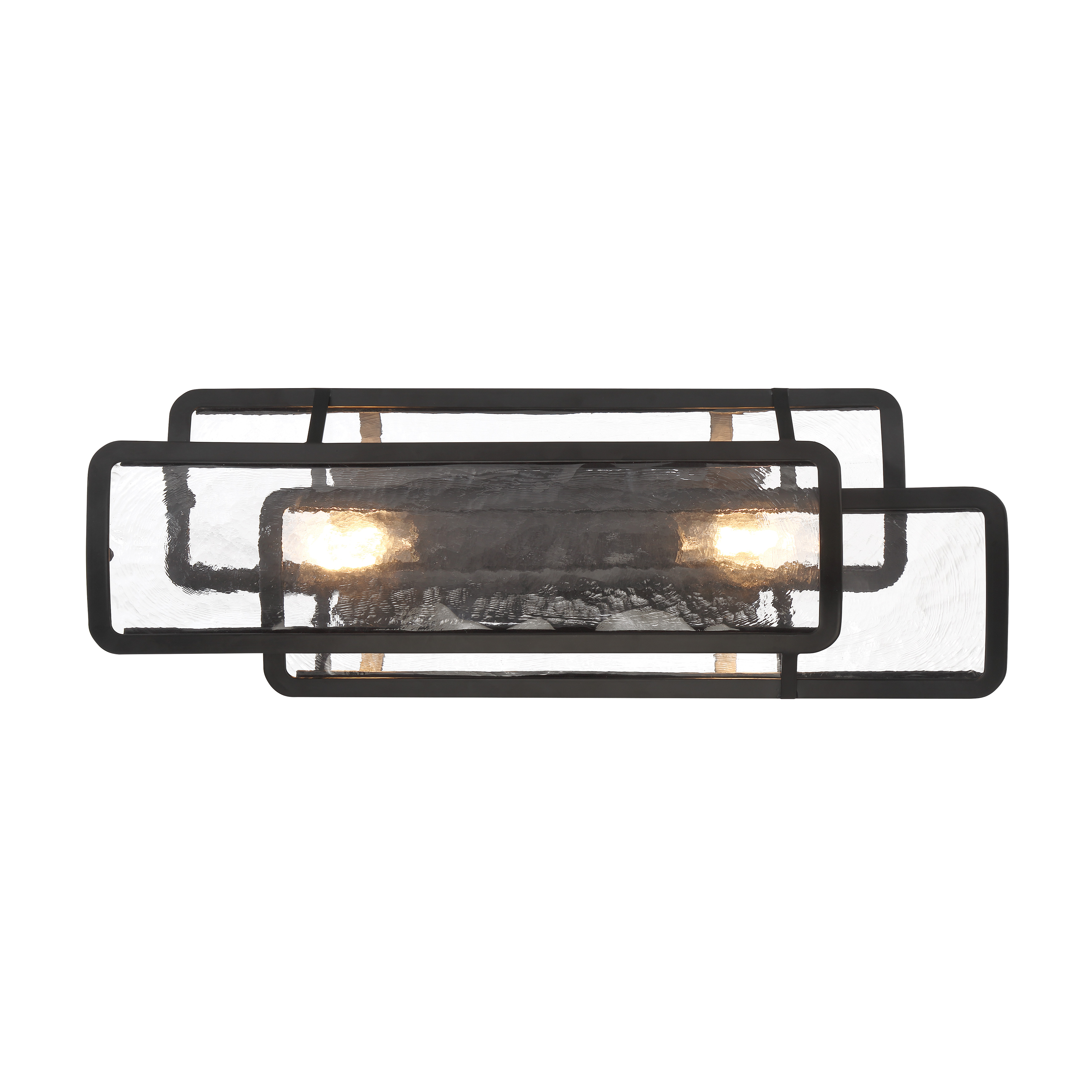 The Bella Collina vanity light combines industrial-inspired coal black steel with unique rock-pressed glass shades, creating dramatic texture and visual interest for contemporary bathrooms. - alternate view