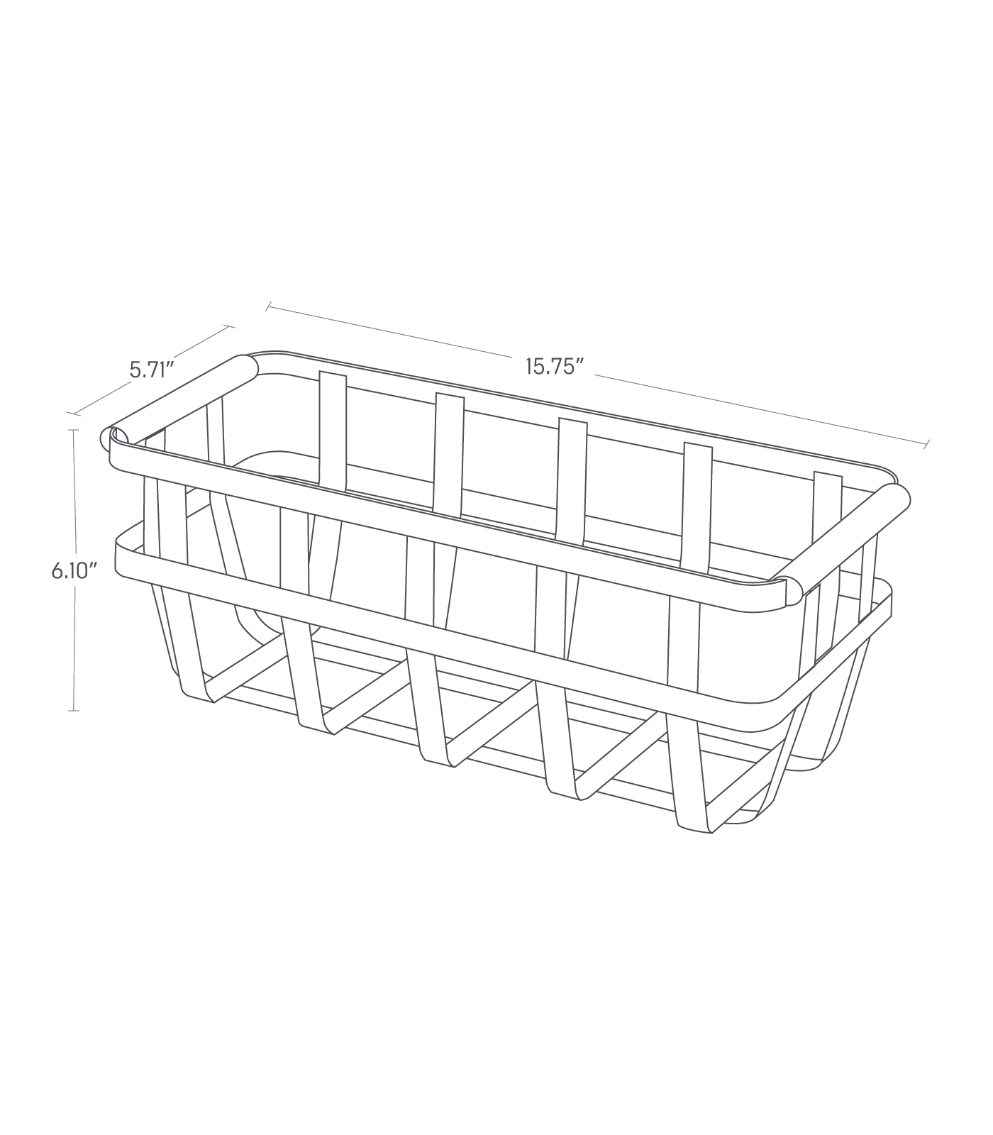 Dimension image for Storage Basket showing container height of 6.10", length of 5.71", width of 15.75"