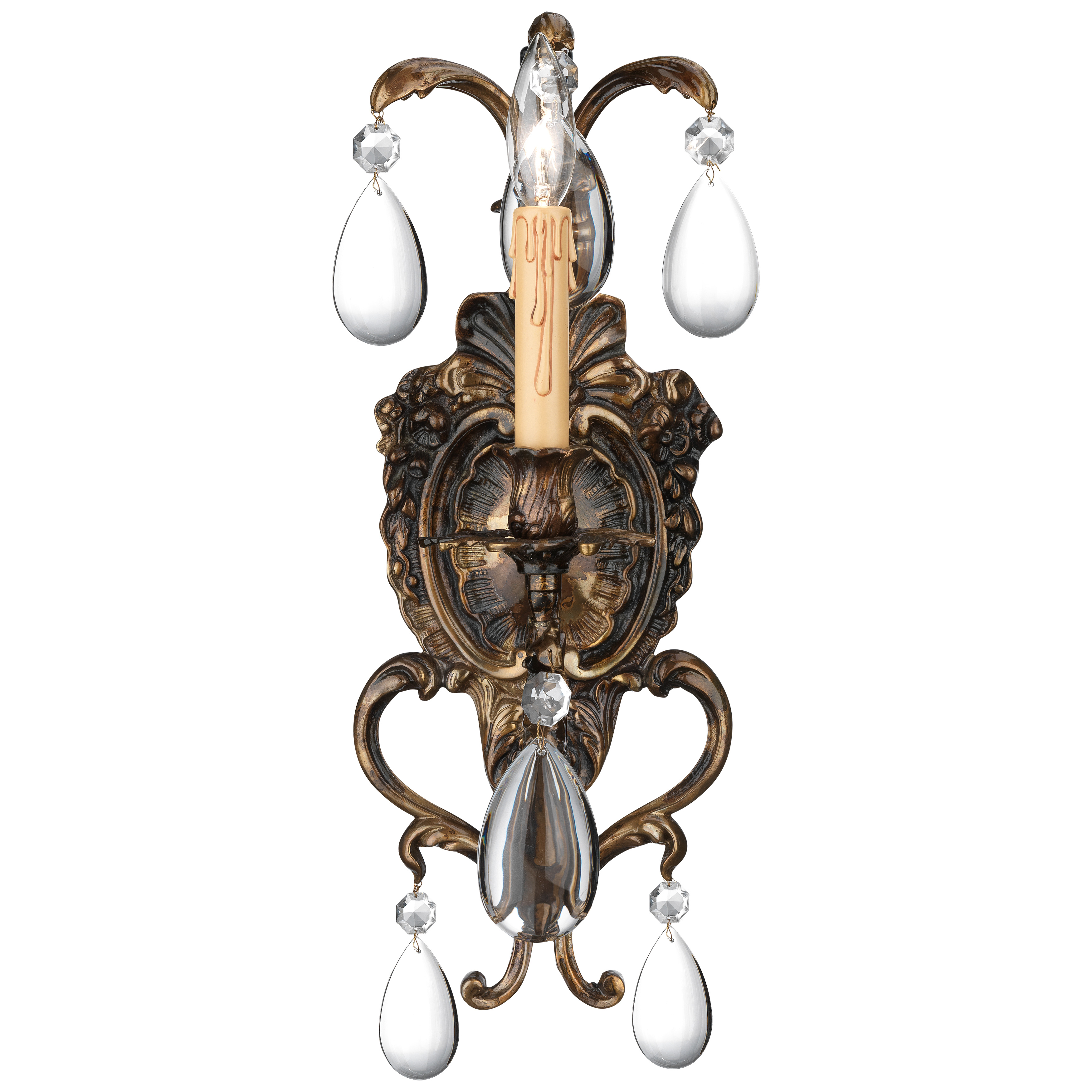 This handcrafted Italian wall sconce combines traditional design with luxurious clear crystals and an antique bronze patina finish. Perfect for adding sophisticated ambient lighting to intimate spaces. - alternate view