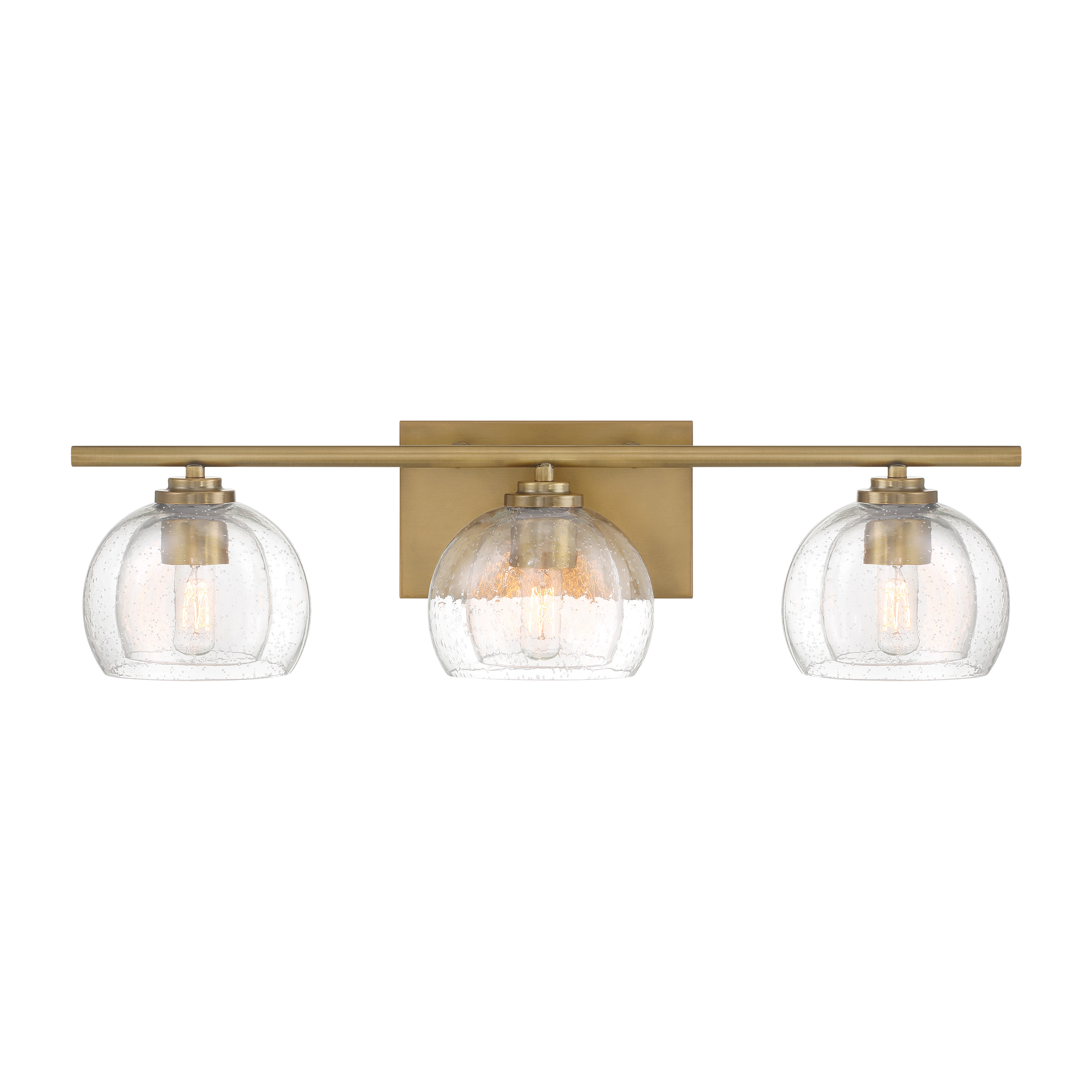 The Glint 24" vanity light combines transitional elegance with practical illumination. Legacy brass finish and clear seeded glass shades create sophisticated ambiance perfect for modern and traditional bathrooms alike. - alternate view