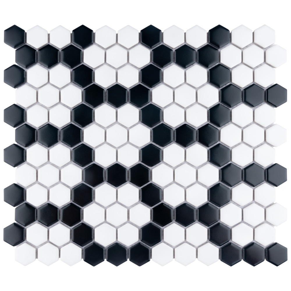 Sample – Metro 1″ Hex Matte White w/Black Honeycomb Porcelain Mosaic Tile